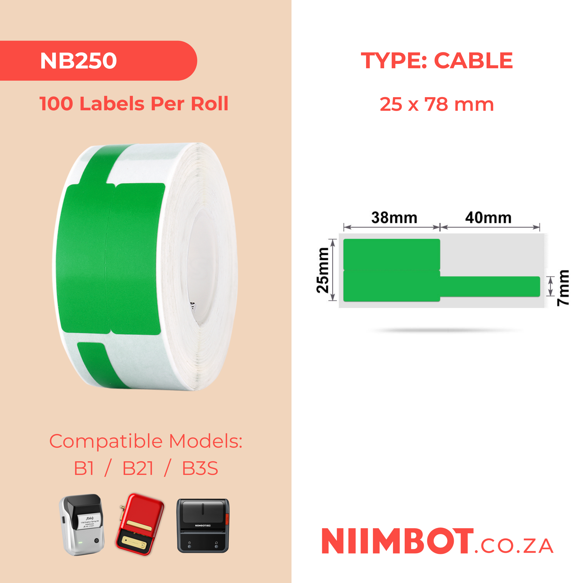 NB250 - NIIMBOT - B1 / B21 / B3S / B4 - 25X78MM - 100 LABELS PER ROLL - CABLE / JEWELLERY - GREEN