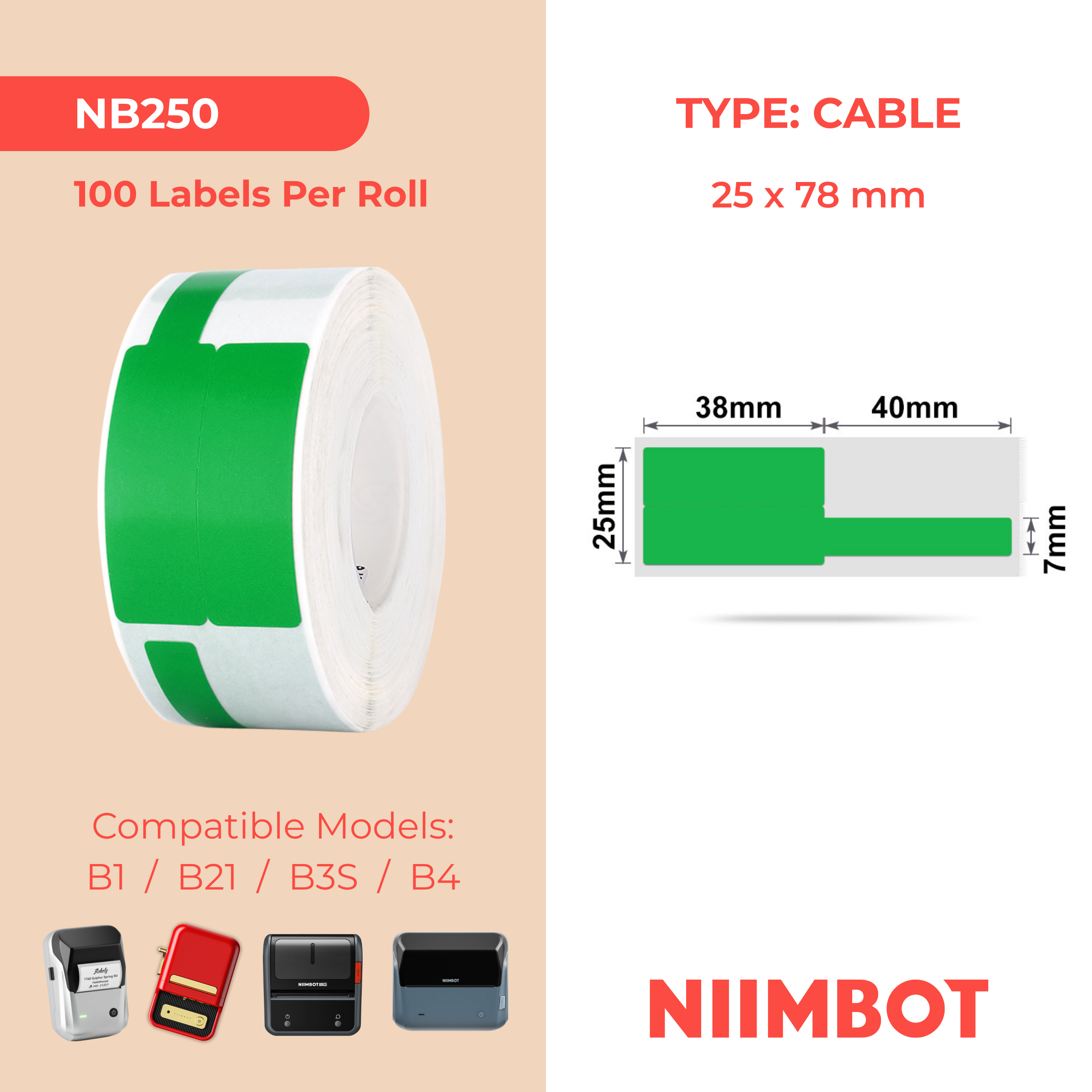 NB250 - Niimbot - B1 / B21 / B31 / B3S / B4 - 25x78mm - 100 Green Cable Labels