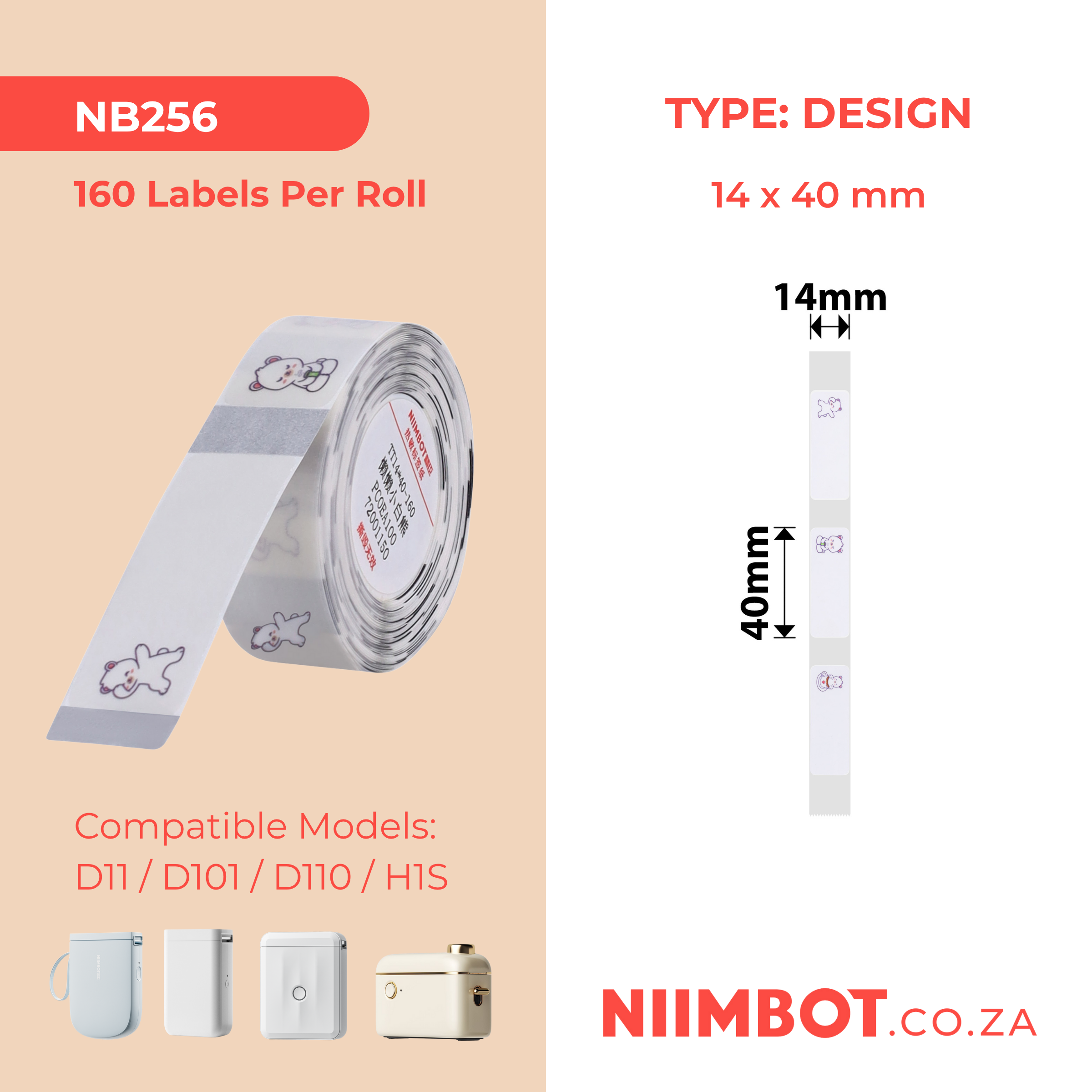 NB256 - NIIMBOT - D11 / D101 / D110 / H1S - ER14X40MM - 160 LABELS PER ROLL - LAZY BEAR DESIGN