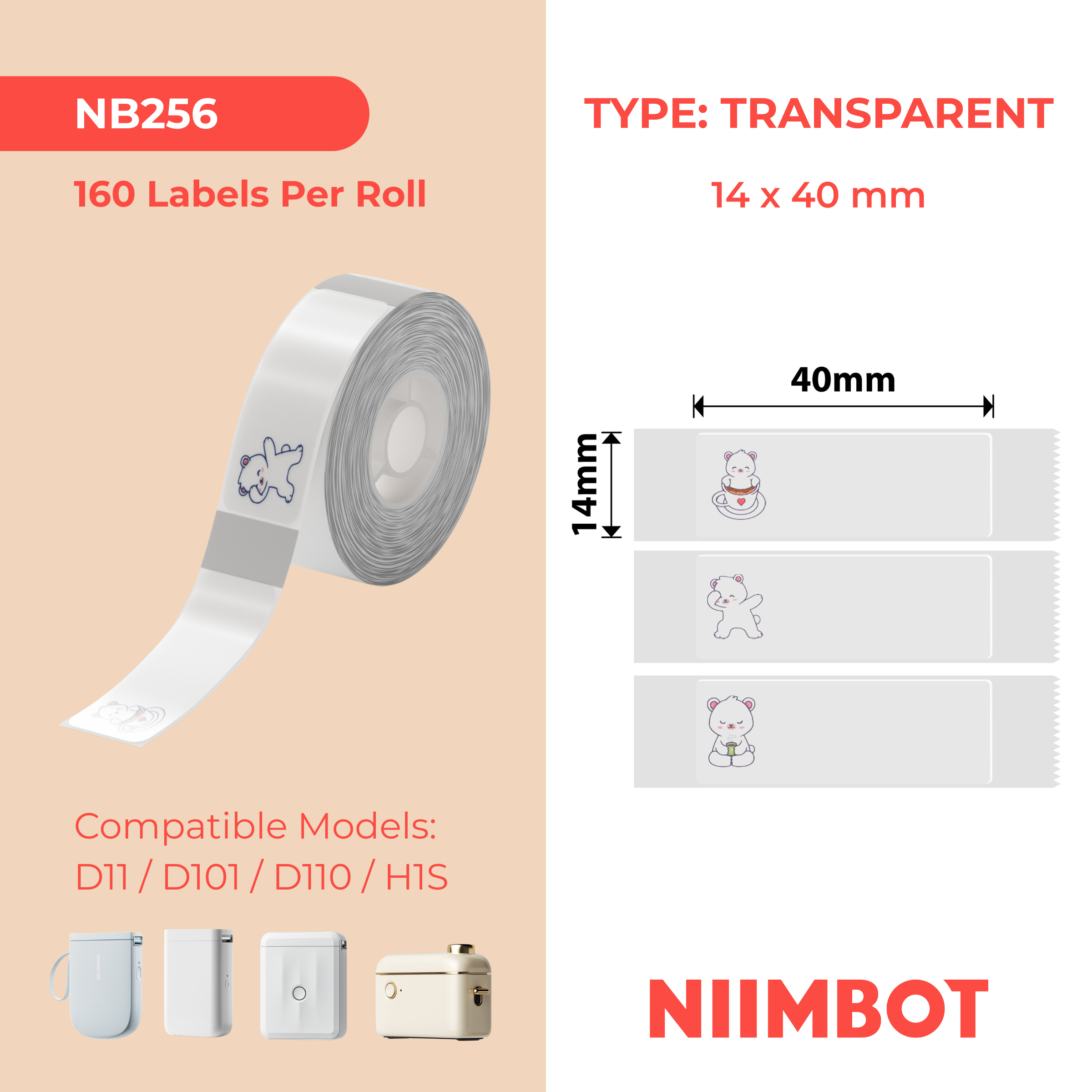 NB256 - Niimbot - D11 / D101 / D110 / H1S - 14x40mm - 160 Lazy Bear Labels
