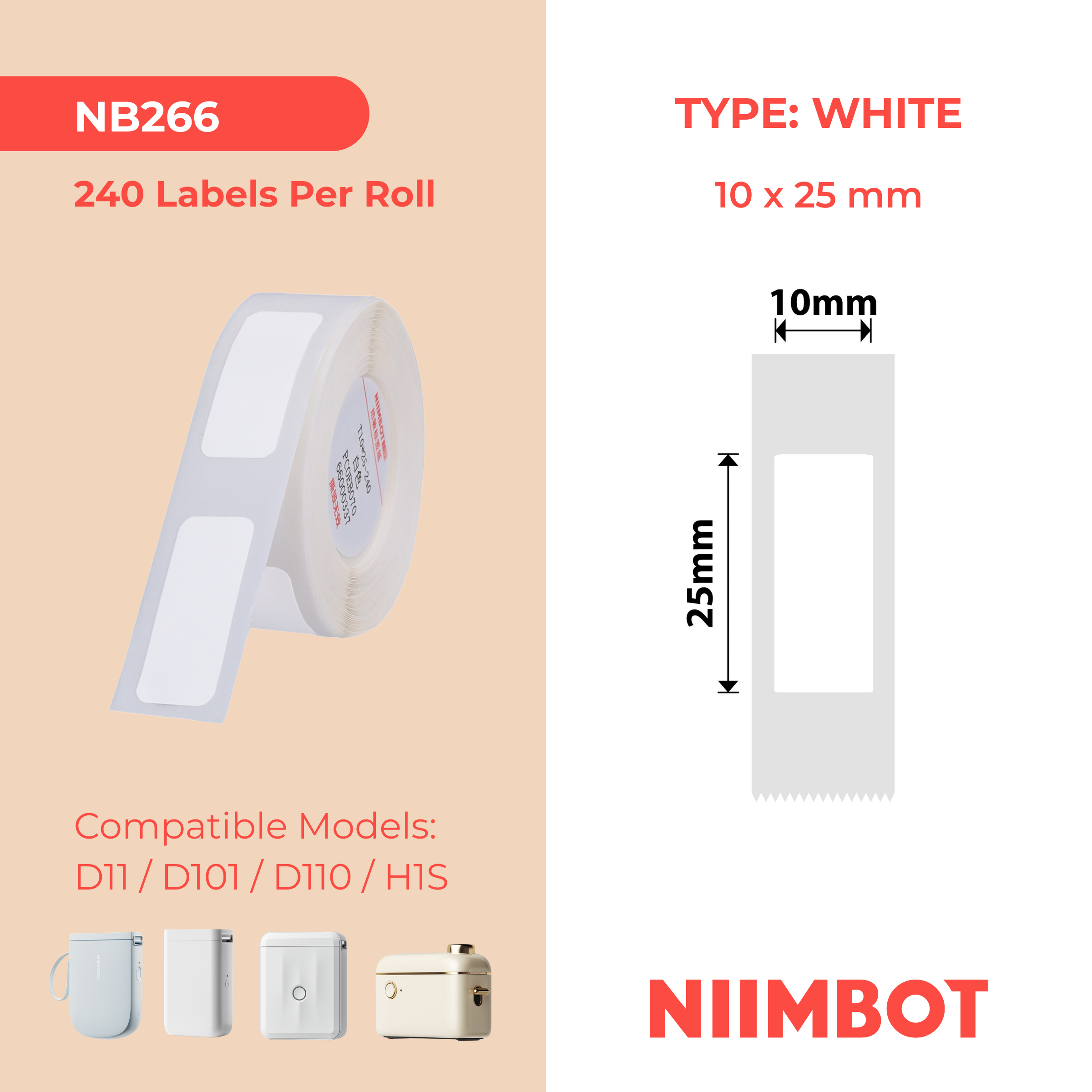 NB266 - Niimbot - D11 / D101 / D110 / H1S - 10x25mm - 225 White Labels