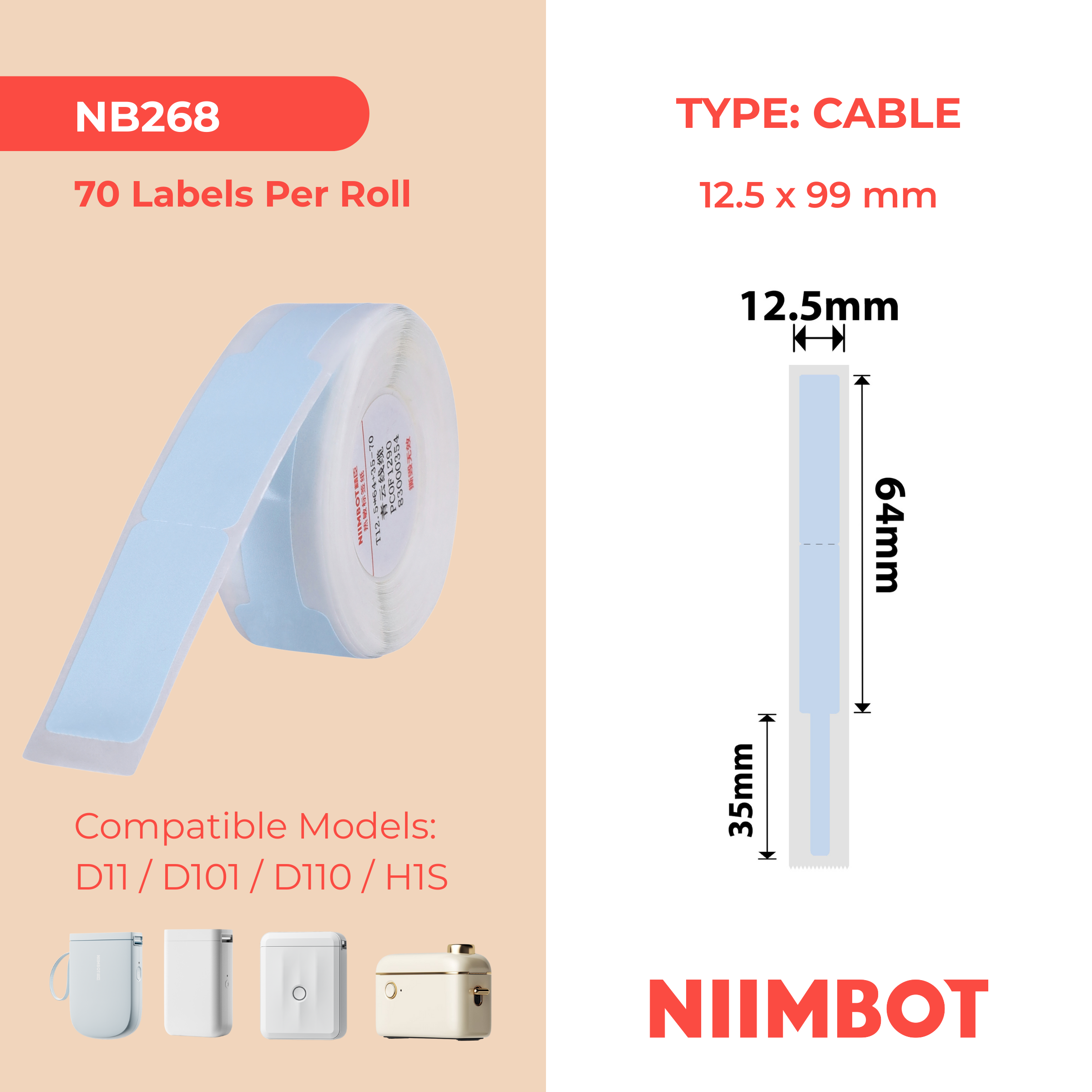 NB268 - Niimbot - D11 / D101 / D110 / H1S - 12.5x99mm - 70 Blue Cloud Cable Labels