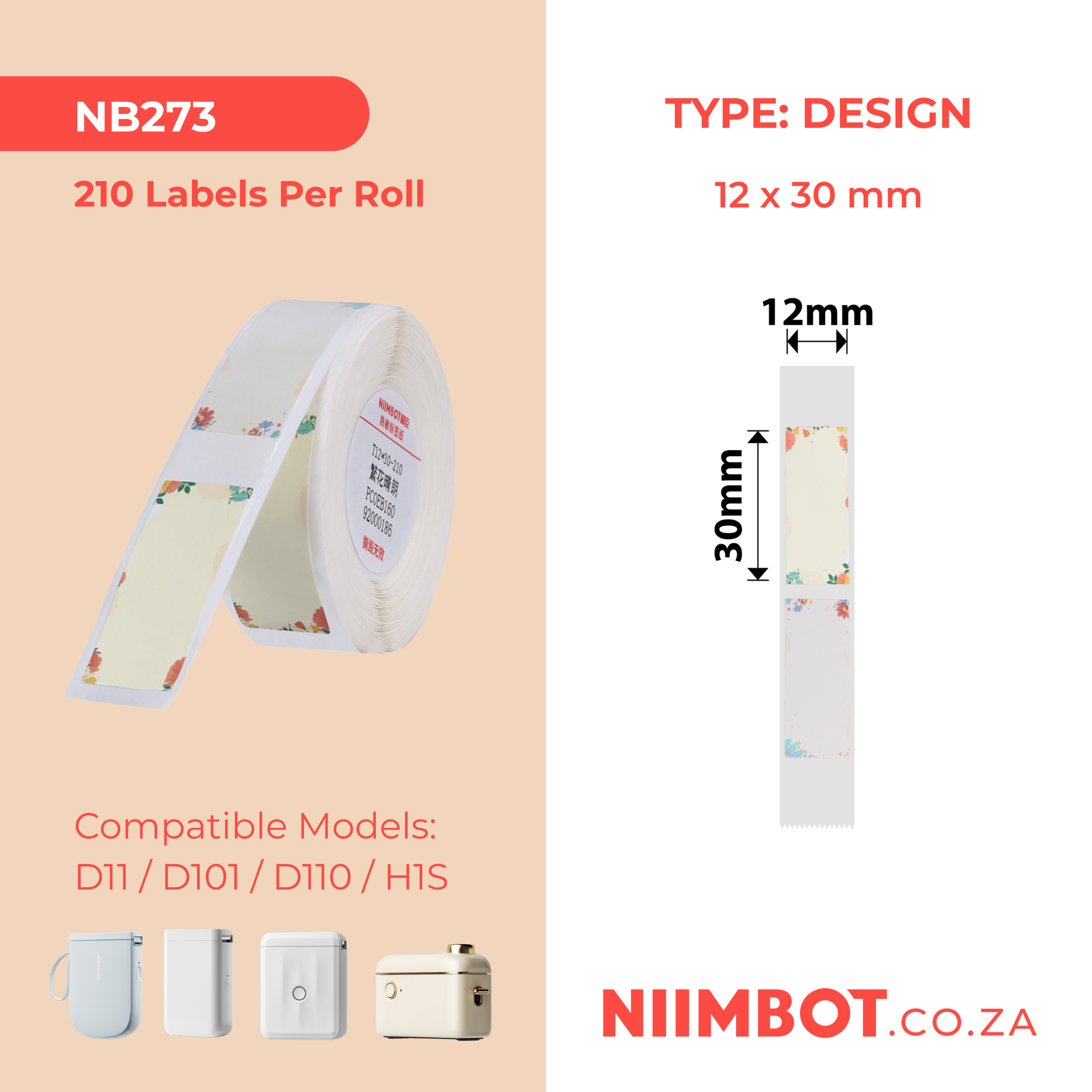 NB273 - NIIMBOT - D11 / D101 / D110 / H1S - R12X30MM - 210 LABELS PER ROLL - FLOWERS DESIGN