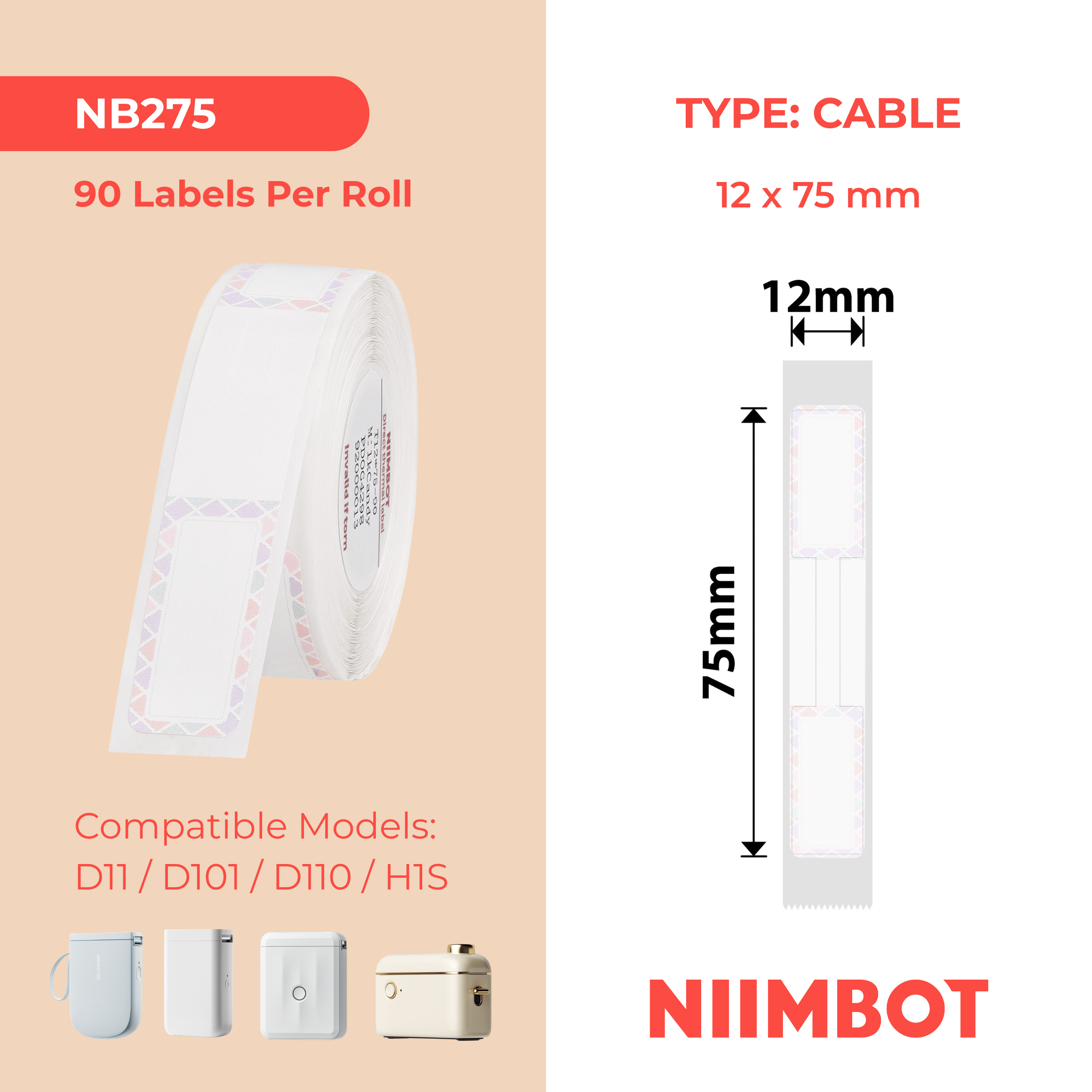 NB275 - Niimbot - D11 / D101 / D110 / H1S - 12x75mm - 90 Milk Candy Cable Labels