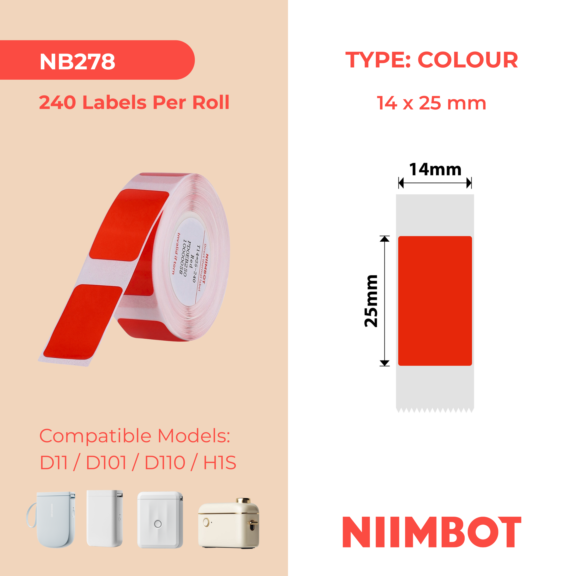 NB278 - Niimbot - D11 / D101 / D110 / H1S - 14x25mm - 225 Red Labels