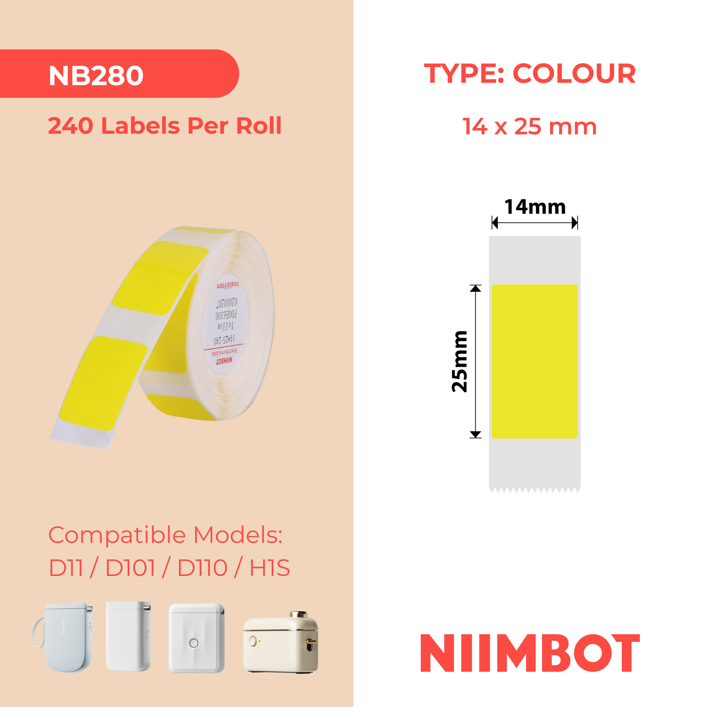 NB280 - Niimbot - D11 / D101 / D110 / H1S - 14x25mm - 225 Yellow Labels