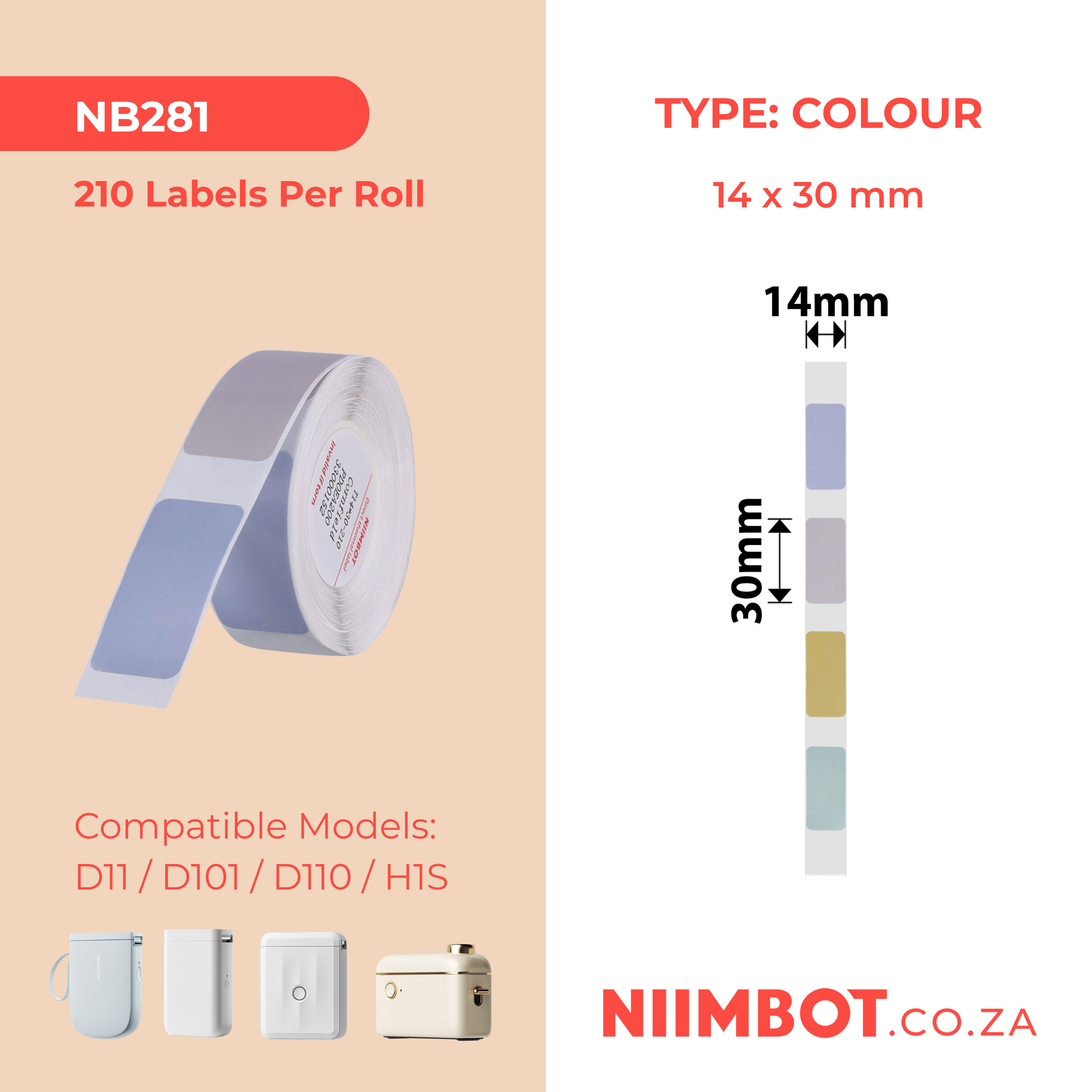 NB281 - NIIMBOT - D11 / D101 / D110 / H1S - R14X30MM - 210 LABELS PER ROLL - CORNFIELD ( 4 COLOURS)