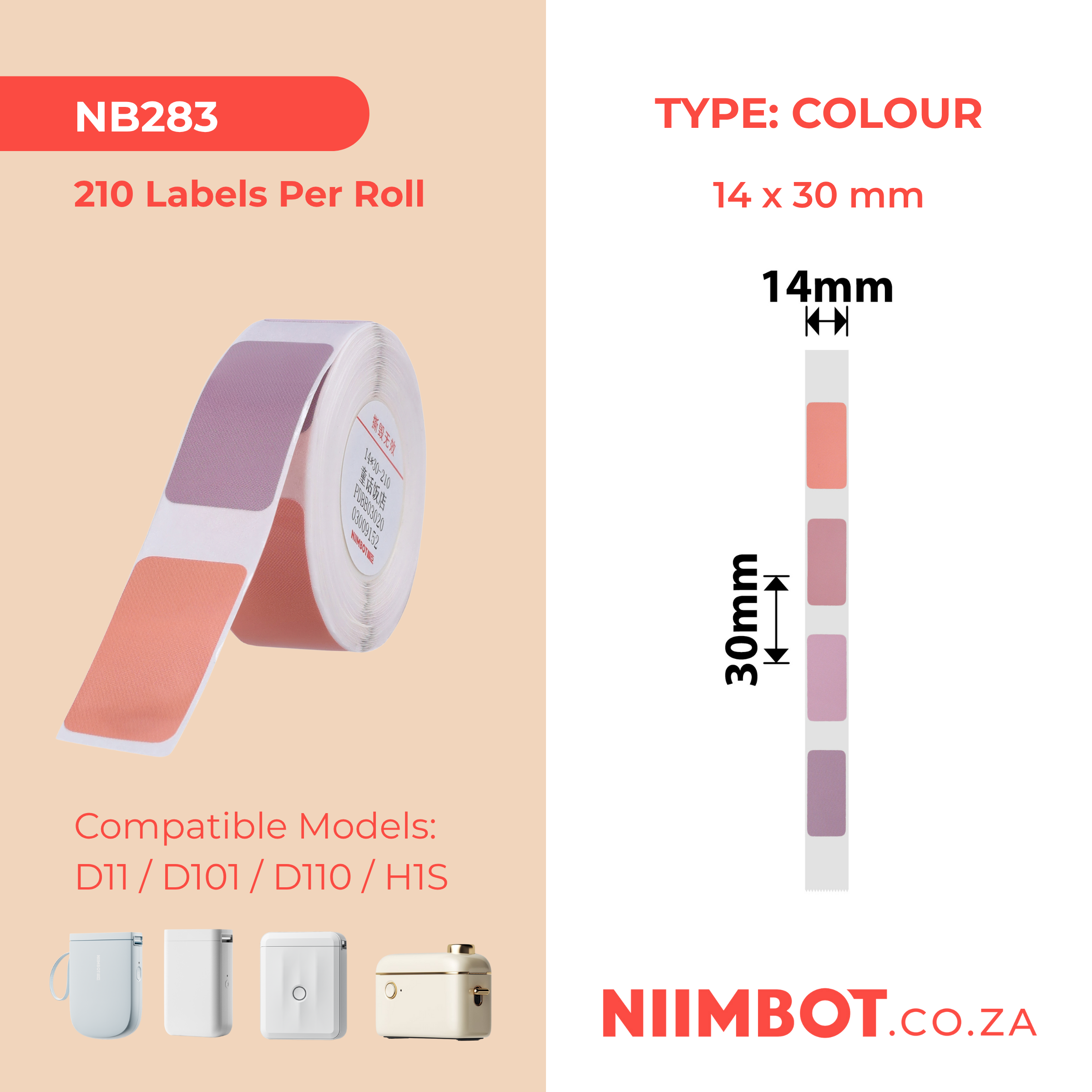 NB283 - NIIMBOT - D11 / D101 / D110 / H1S - R14X30MM - 210 LABELS PER ROLL - PINK (4 COLOURS)