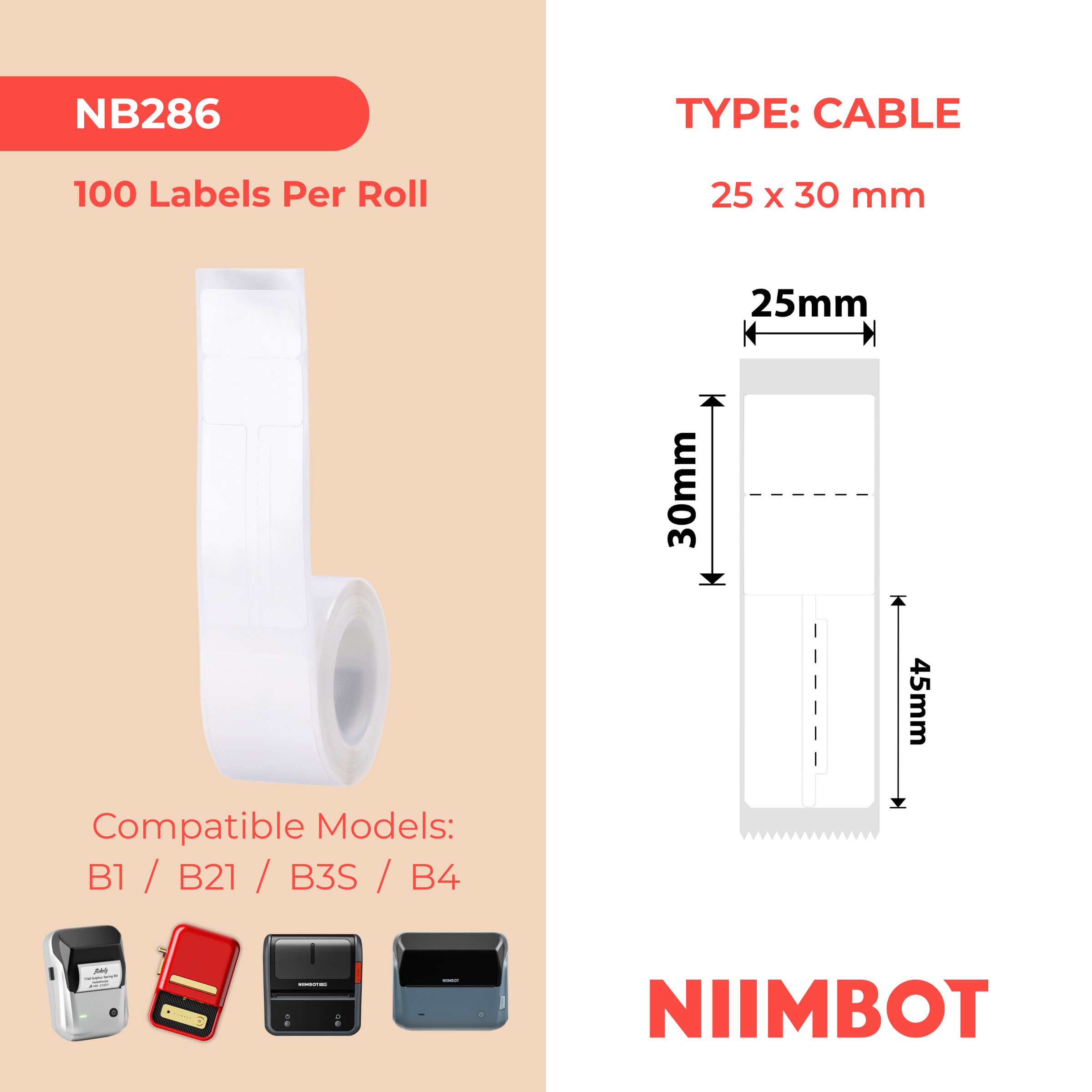 NB286 - Niimbot - B1 / B21 / B31 / B3S / B4 - 25x75mm - 100 White Jewellery Labels