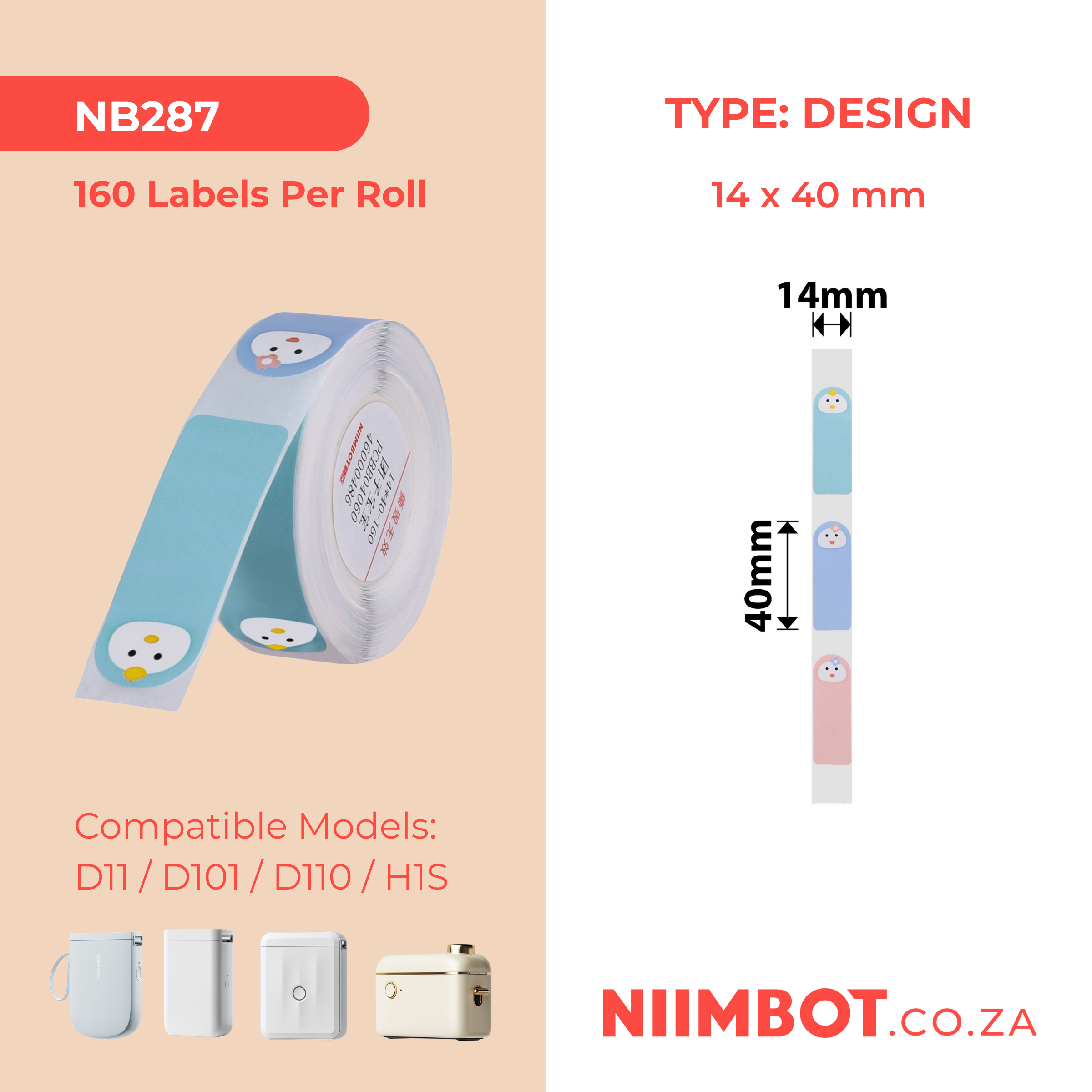 NB287 - NIIMBOT - D11 / D101 / D110 / H1S - R14X40MM - 160 LABELS PER ROLL - BABY FACE DESIGN