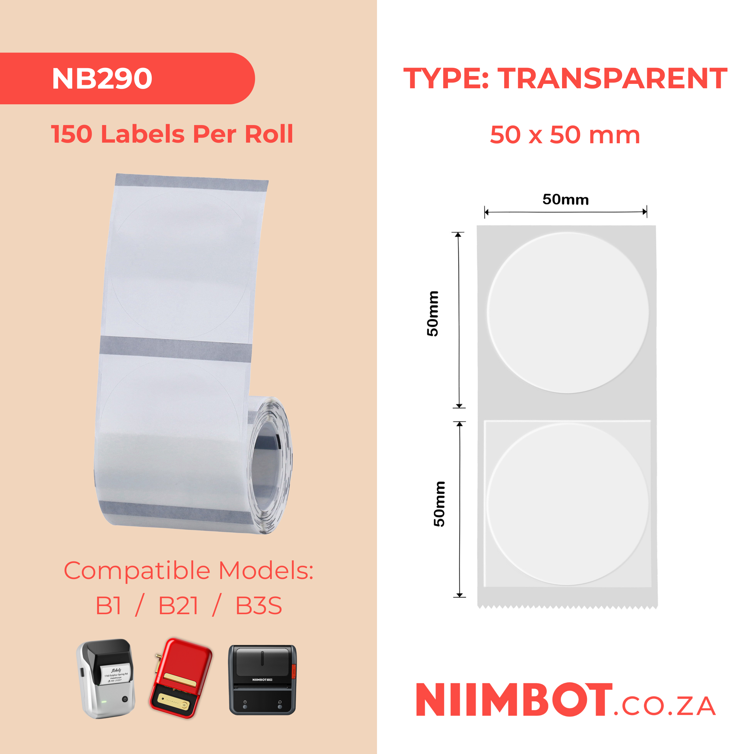 NB290 - NIIMBOT - B1 / B21 / B3S / B4 - TT50X50MM - 150 LABELS PER ROLL - ROUND - TRANSPARENT