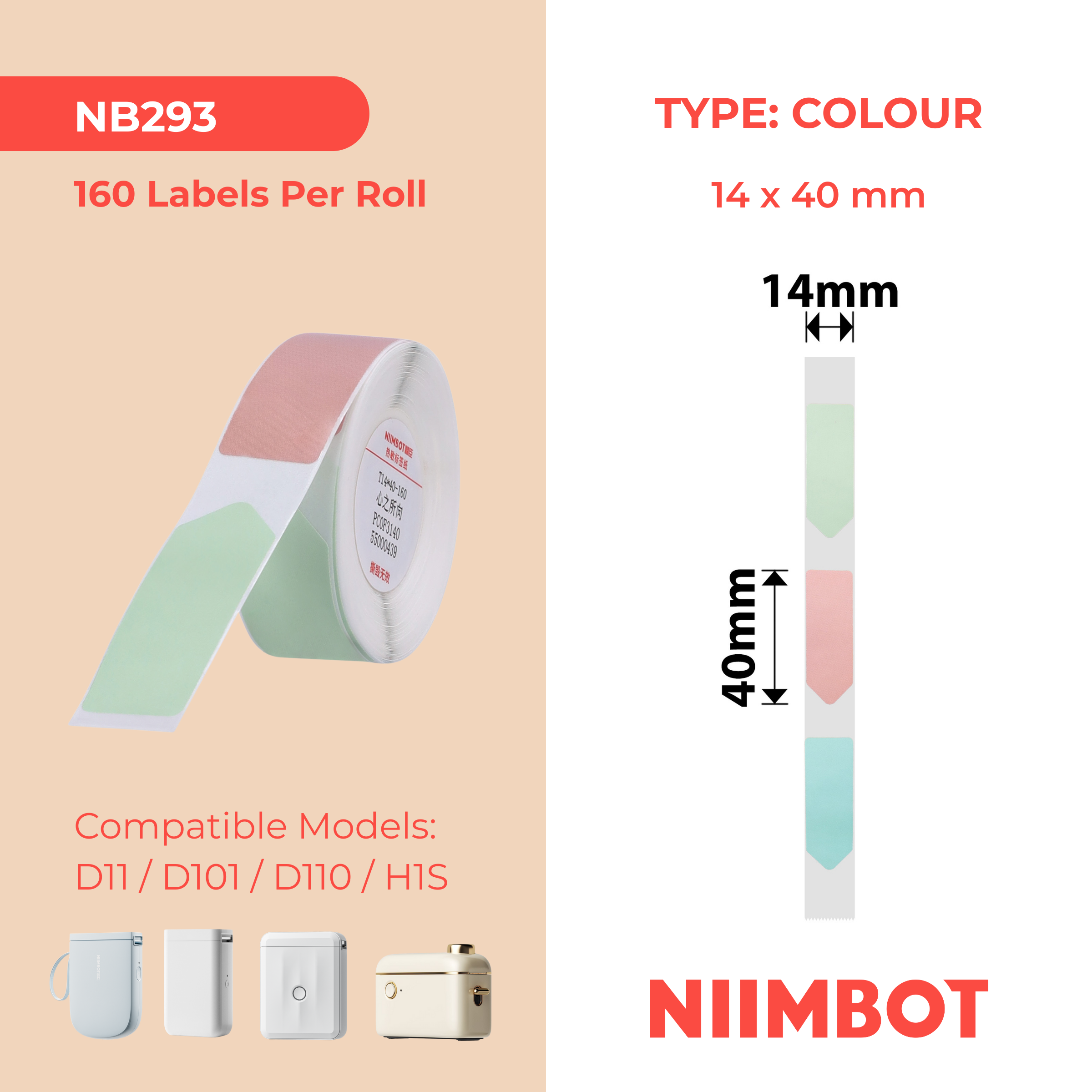 NB293 - NIIMBOT - D11 / D101 / D110 / H1S - R14X40MM - 160 LABELS PER ROLL - COLOUR ARROW DESIGN