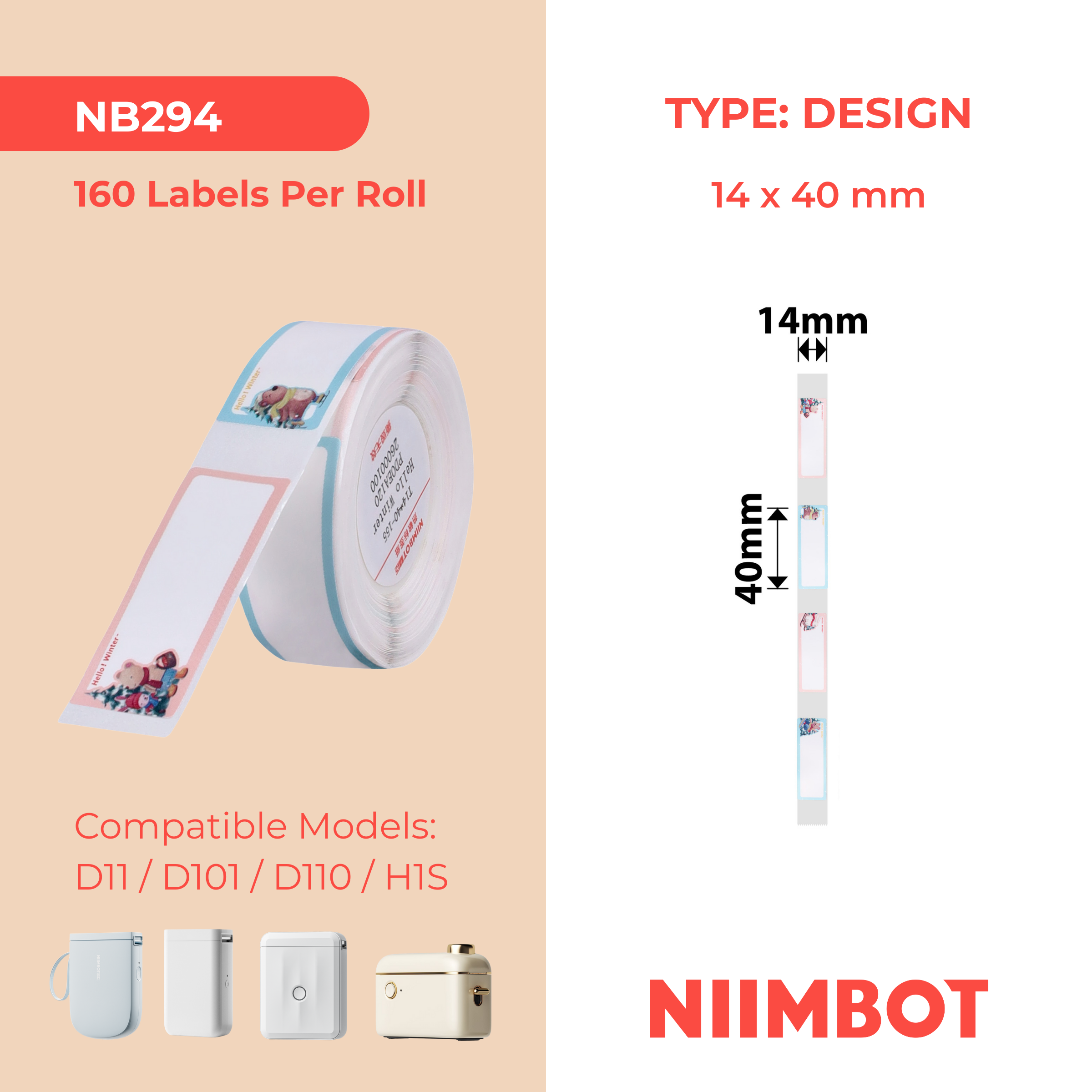 NB294 - NIIMBOT - D11 / D101 / D110 / H1S - R14X40MM - 160 LABELS PER ROLL - HELLO WINTER
