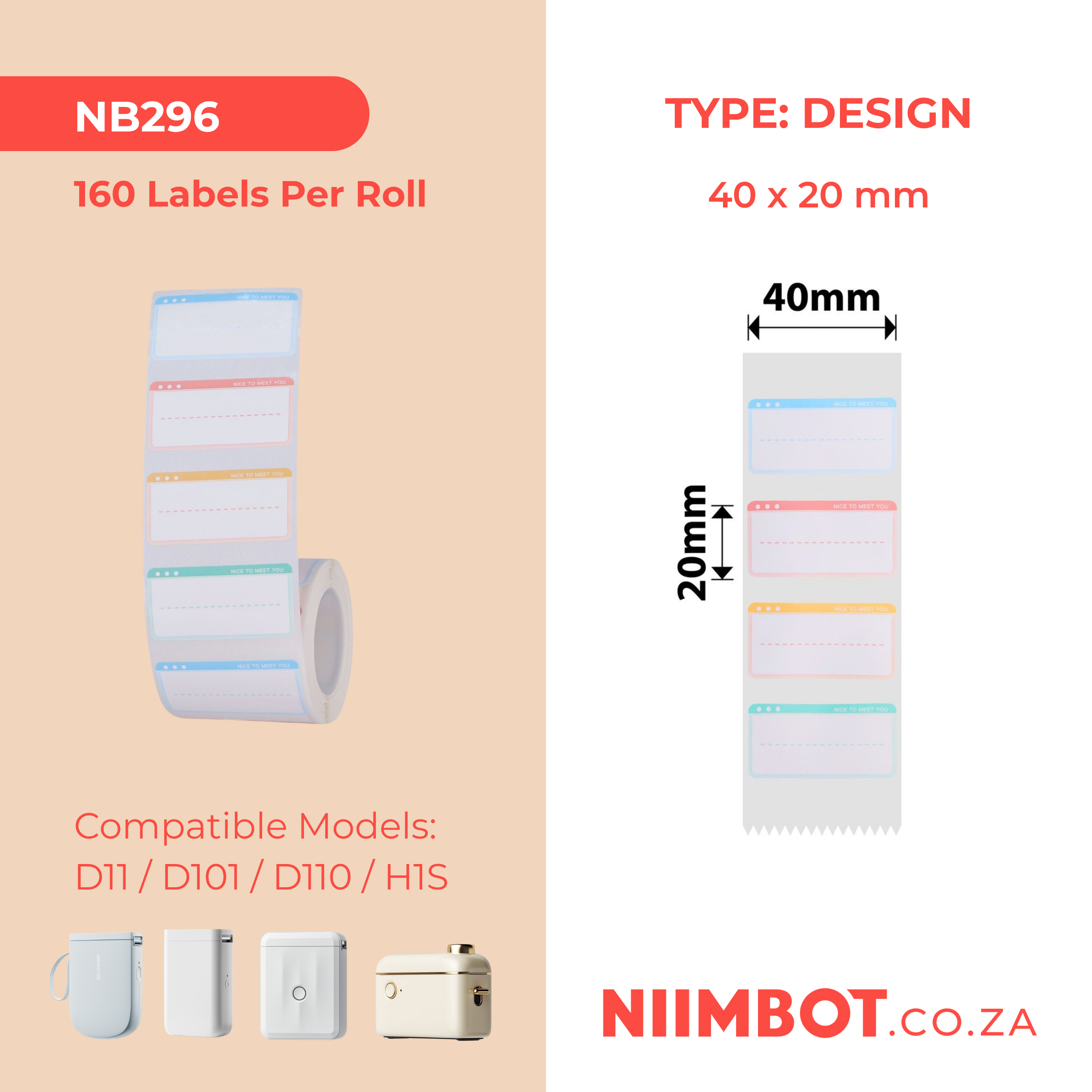 NB296 - NIIMBOT - D11 / D101 / D110 / H1S - R14X40MM - 160 LABELS PER ROLL - NICE TO MEET YOU DESIGN