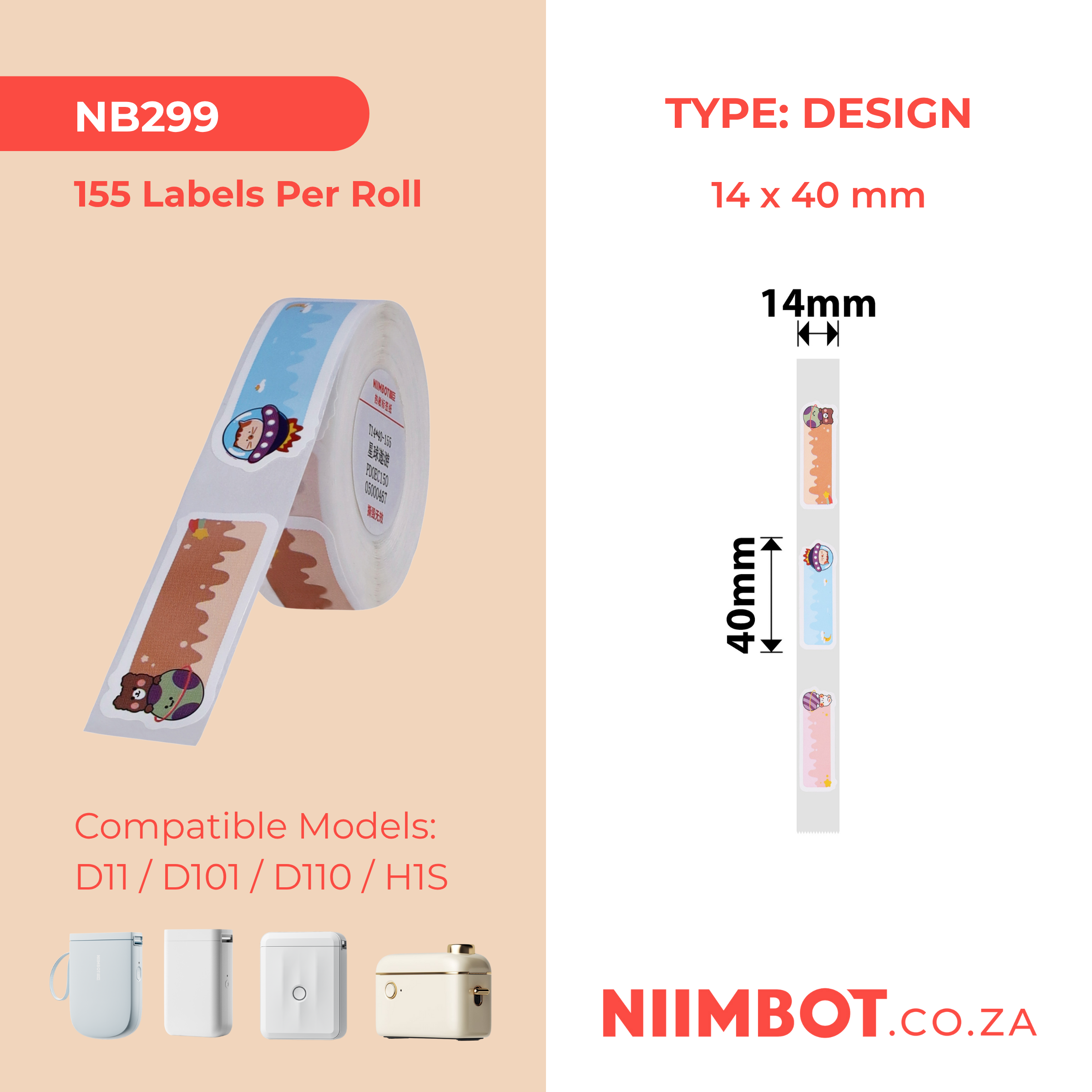 NB299 - NIIMBOT - D11 / D101 / D110 / H1S - 14X40MM - 155 LABELS PER ROLL - PLANET TOUR DESIGN