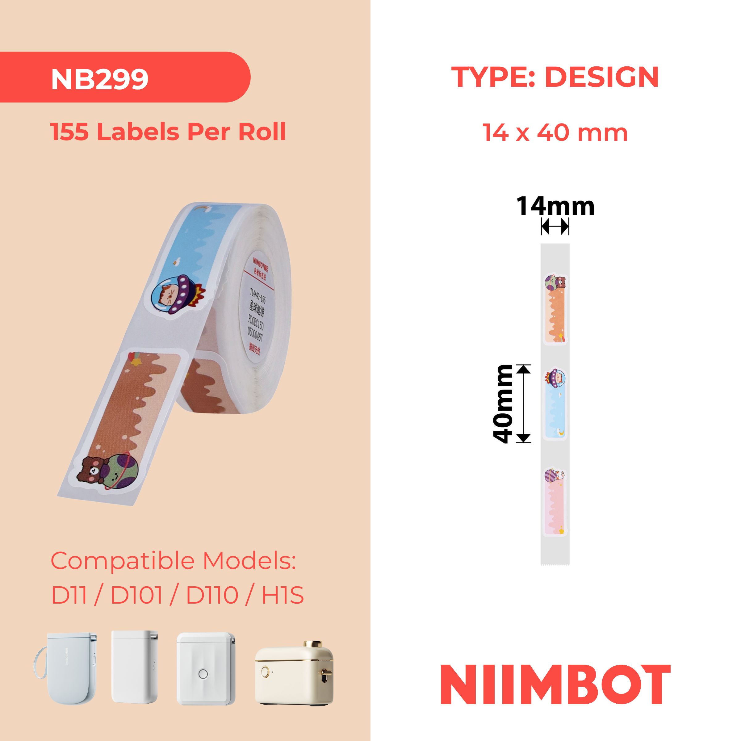 NB299 - NIIMBOT - D11 / D101 / D110 / H1S - 14X40MM - 155 LABELS PER ROLL - PLANET TOUR DESIGN