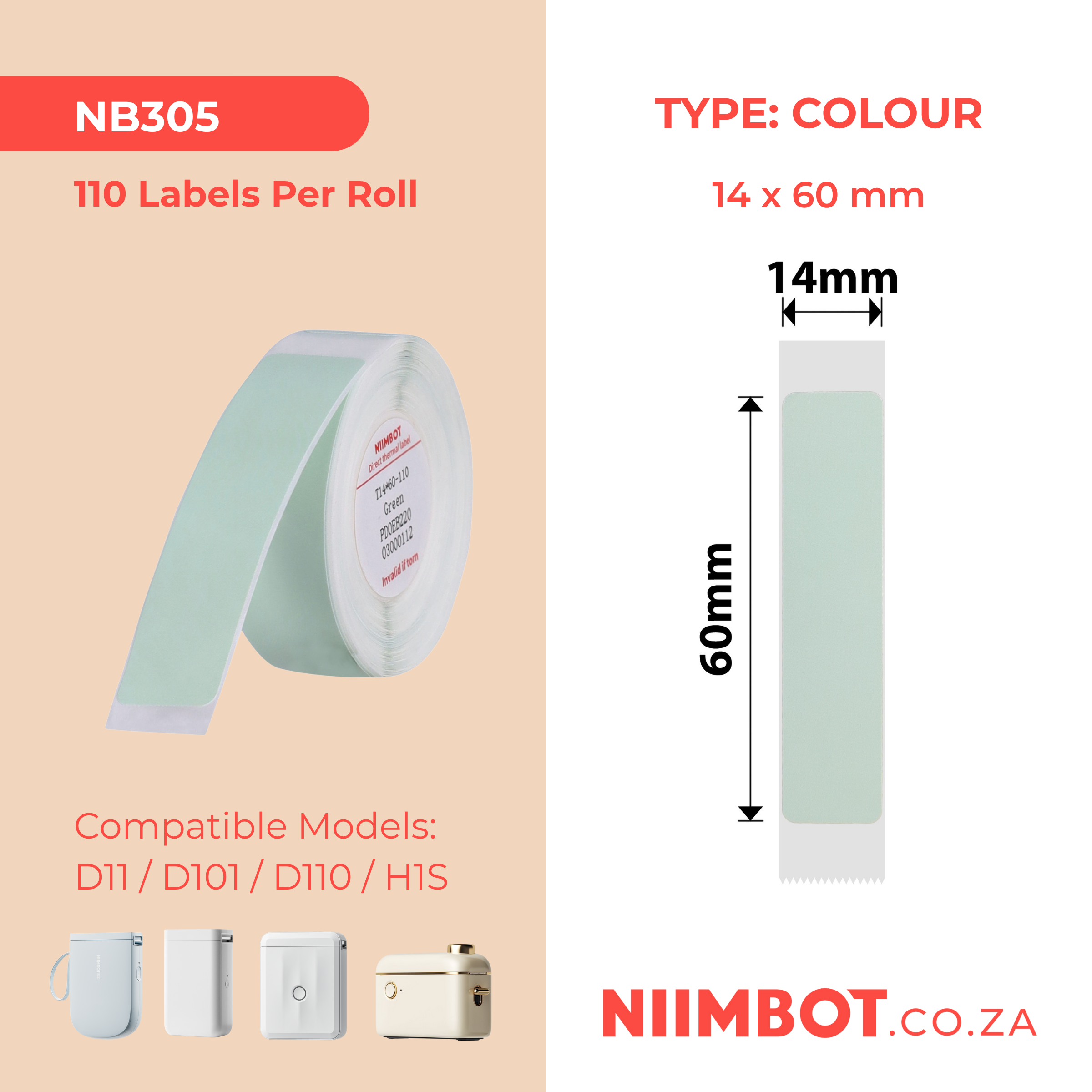 NB305 - NIIMBOT - D11 / D101 / D110 / H1S - R14X60MM - 110 LABELS PER ROLL - GREEN