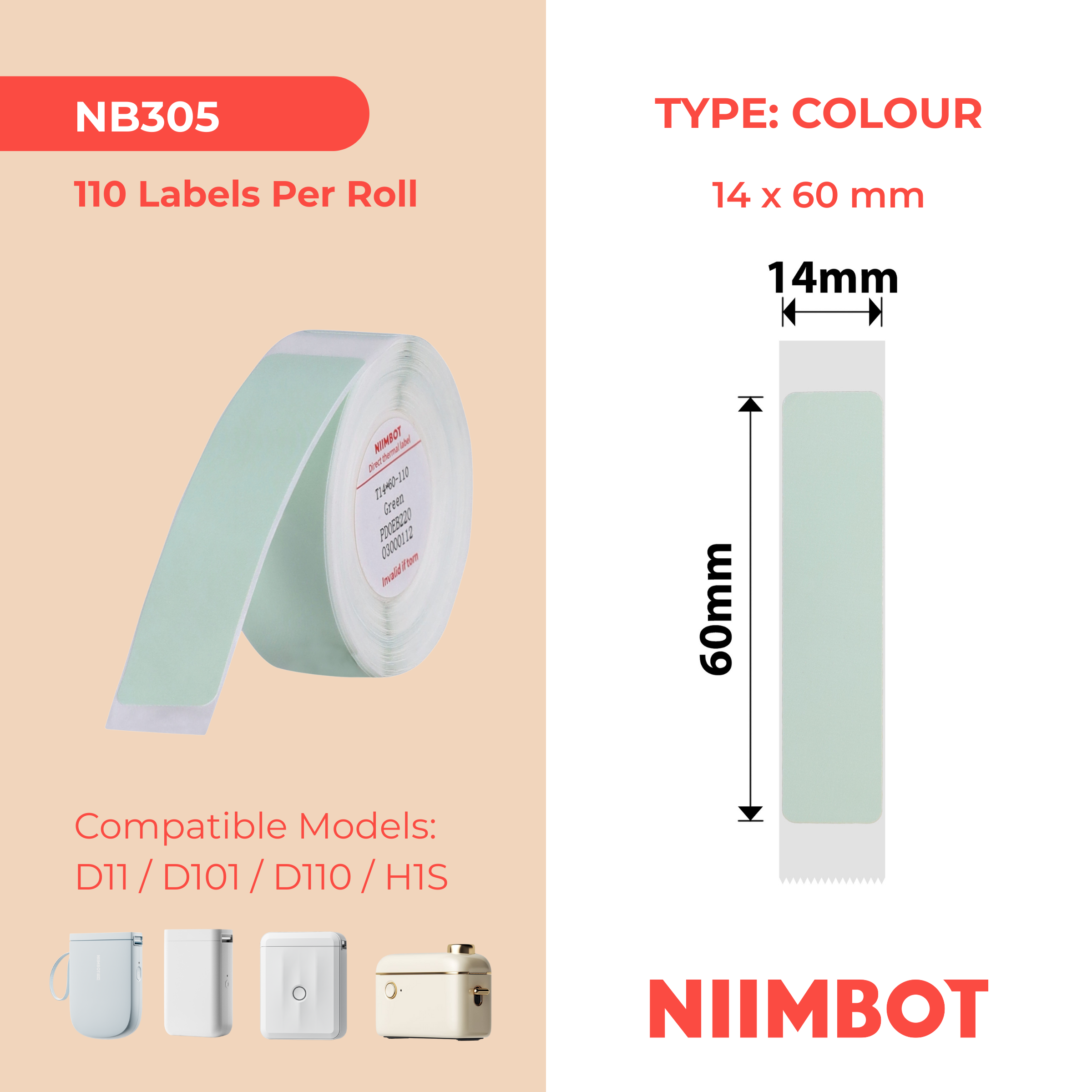 NB305 - Niimbot - D11 / D101 / D110 / H1S - 14x60mm - 110 Green Labels