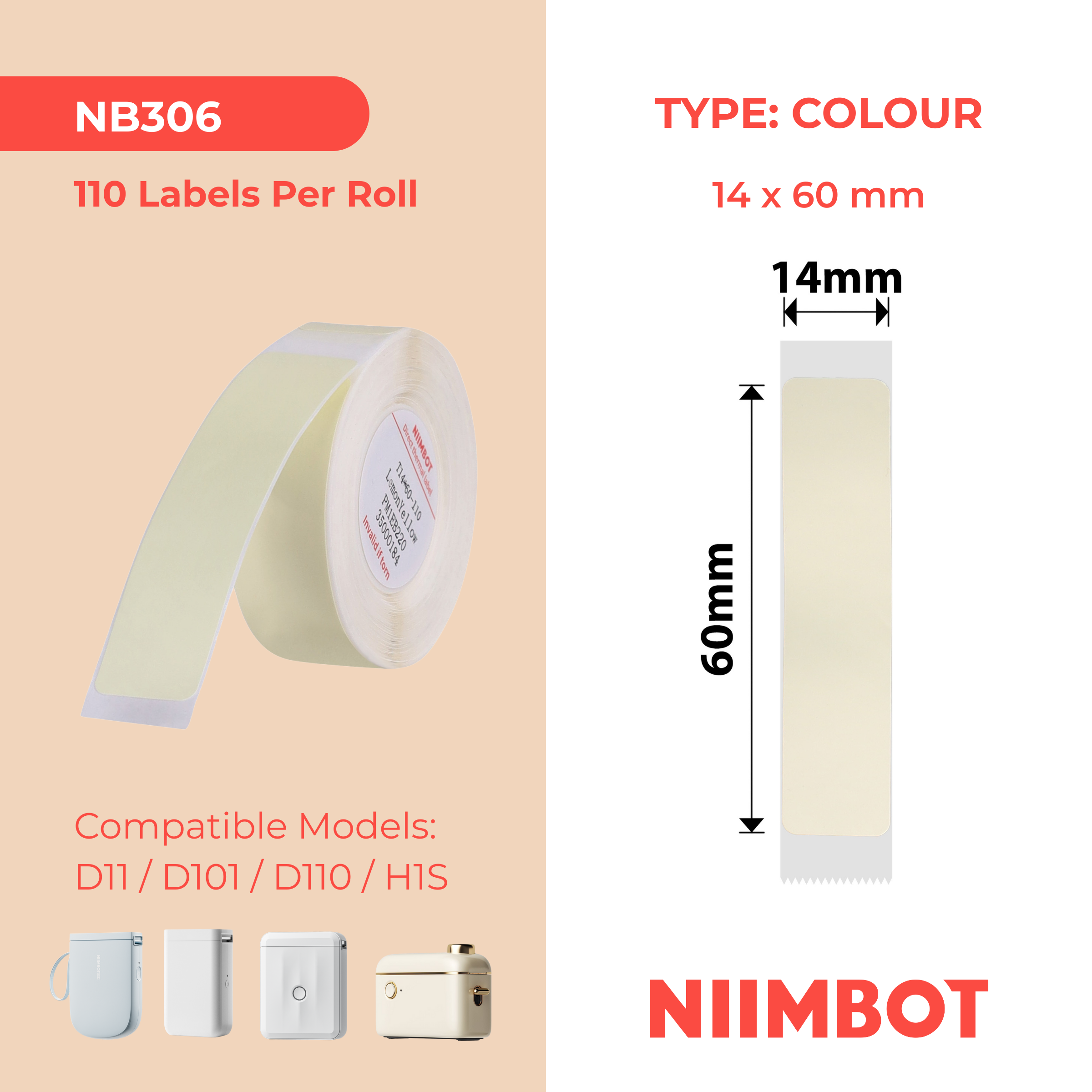 NB306 - Niimbot - D11 / D101 / D110 / H1S - 14x60mm - 110 Lemon Yellow Labels