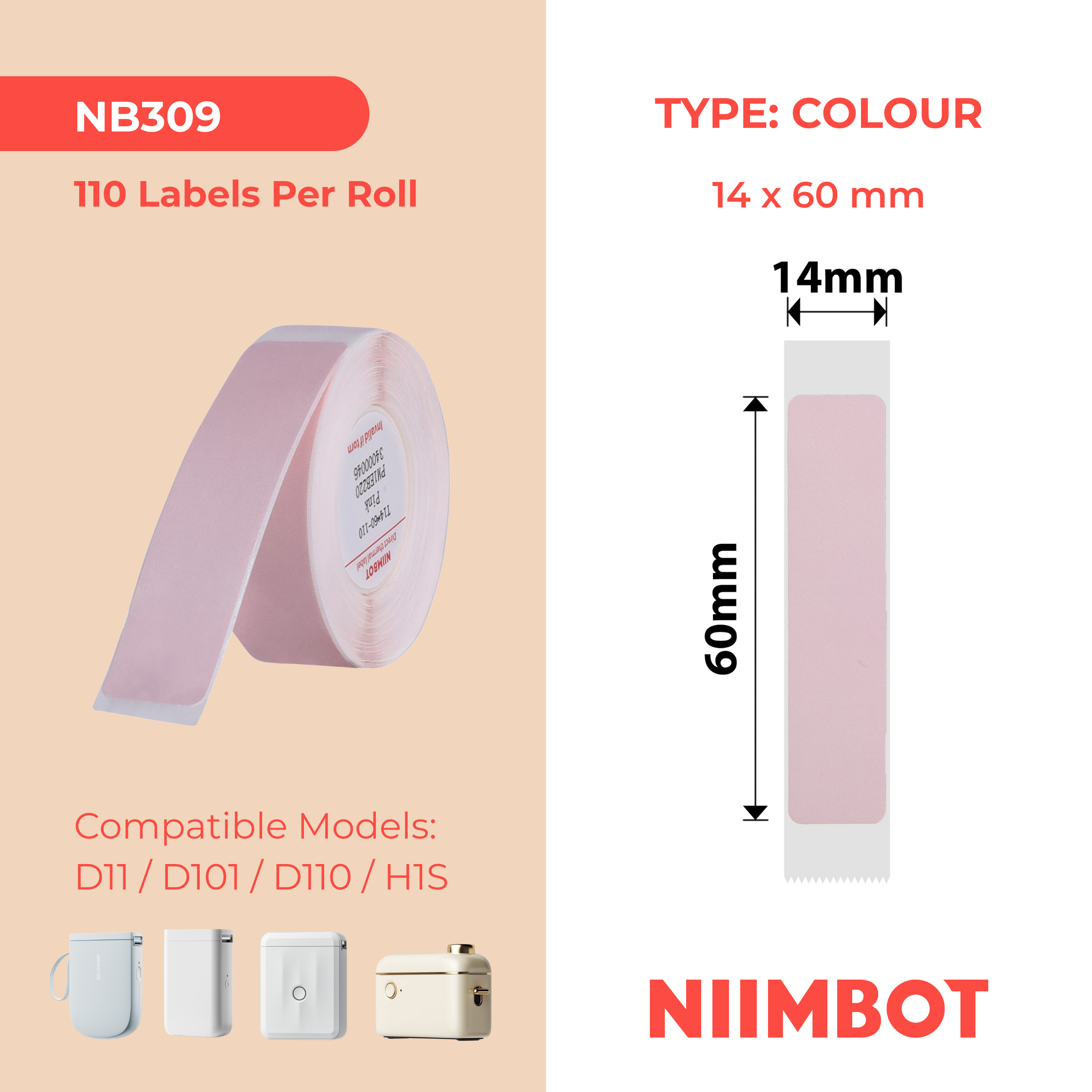 NB309 - Niimbot - D11 / D101 / D110 / H1S - 14x60mm - 110 Pink Labels