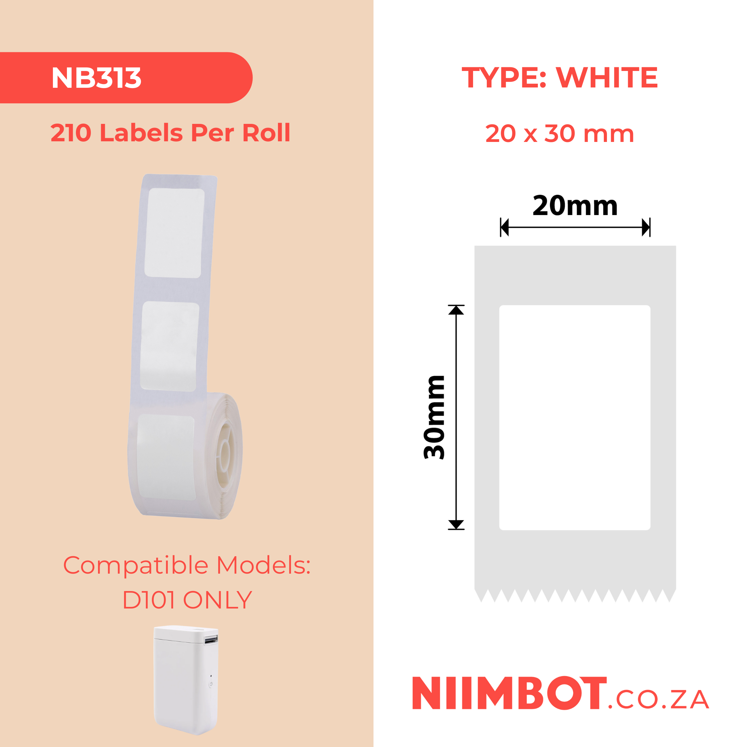 NB313 - NIIMBOT - D101 ONLY - R20X30MM - 210 LABELS PER ROLL - WHITE