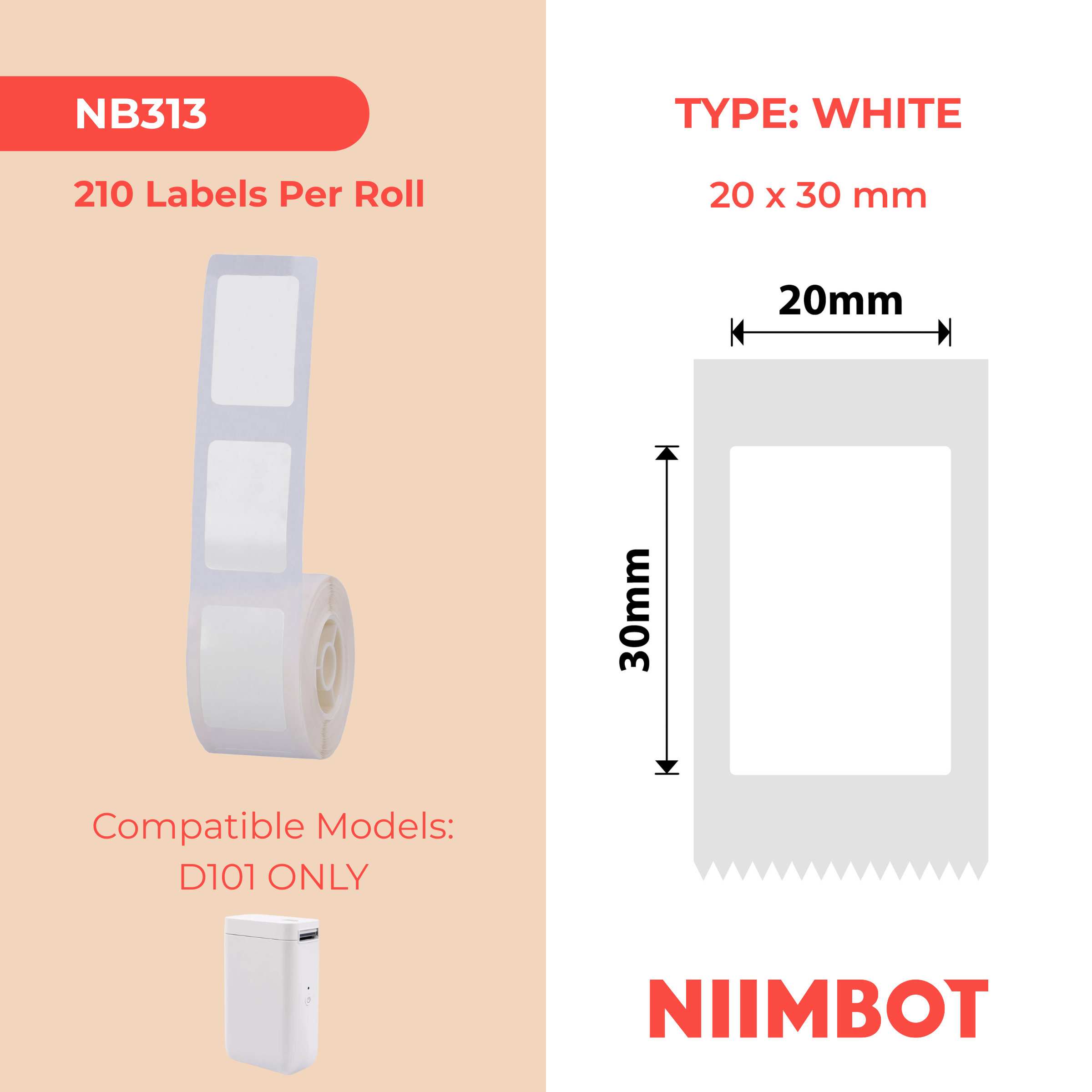 NB313 - Niimbot - D101 Only - 20x30mm - 210 White Labels