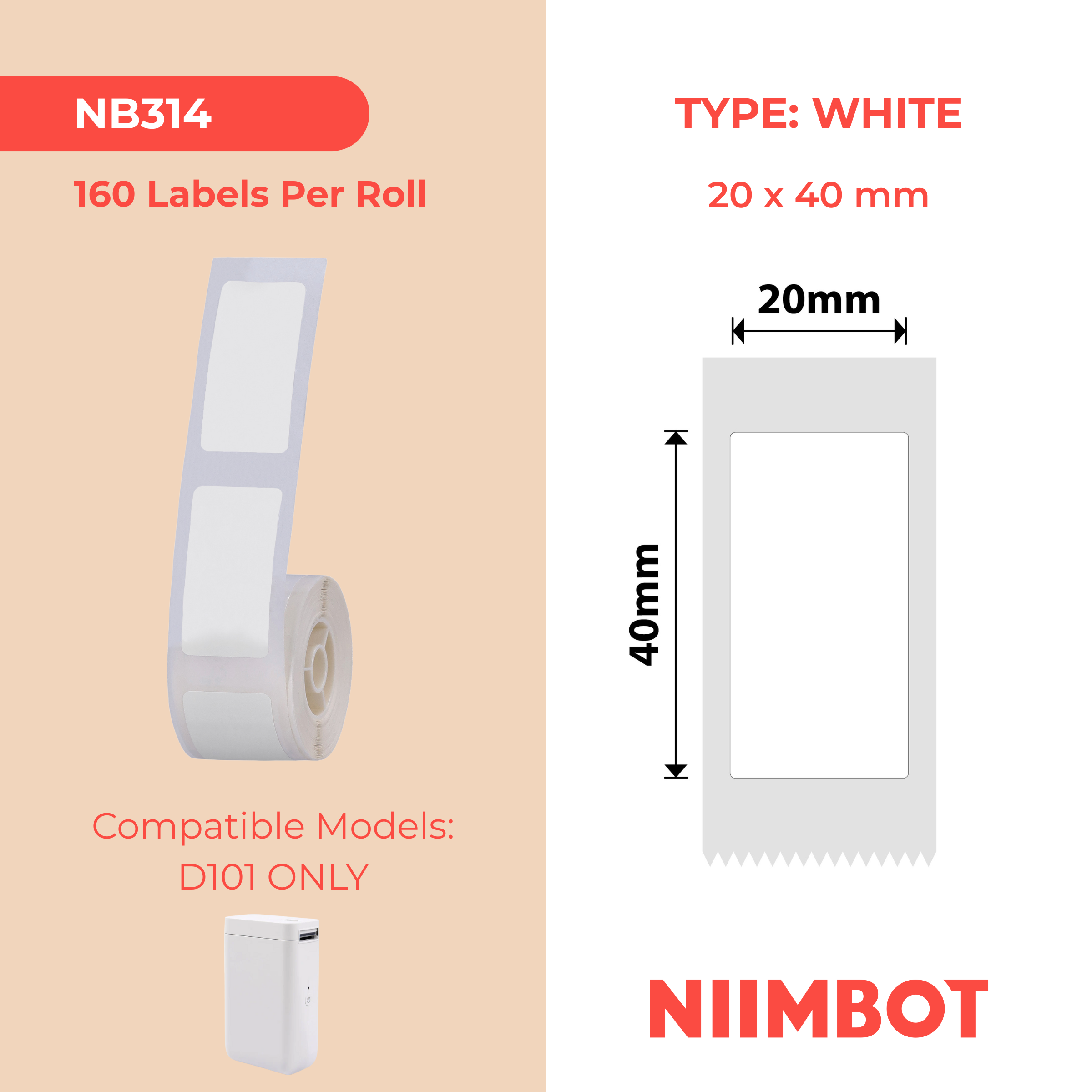 NB314 - Niimbot - D101 Only - 20x40mm - 160 White Labels