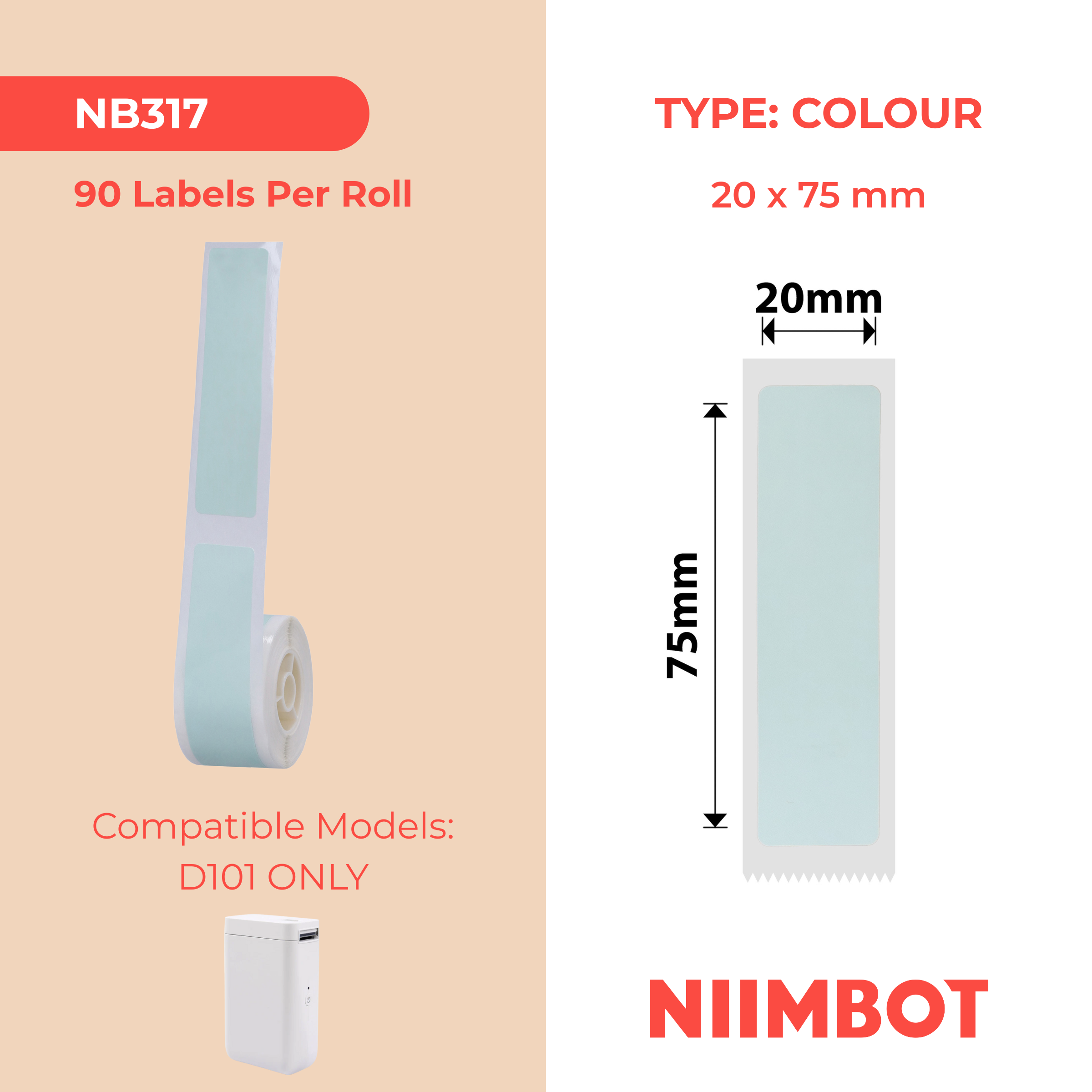 NB317 - Niimbot - D101 Only - 20x75mm - 90 Green Labels