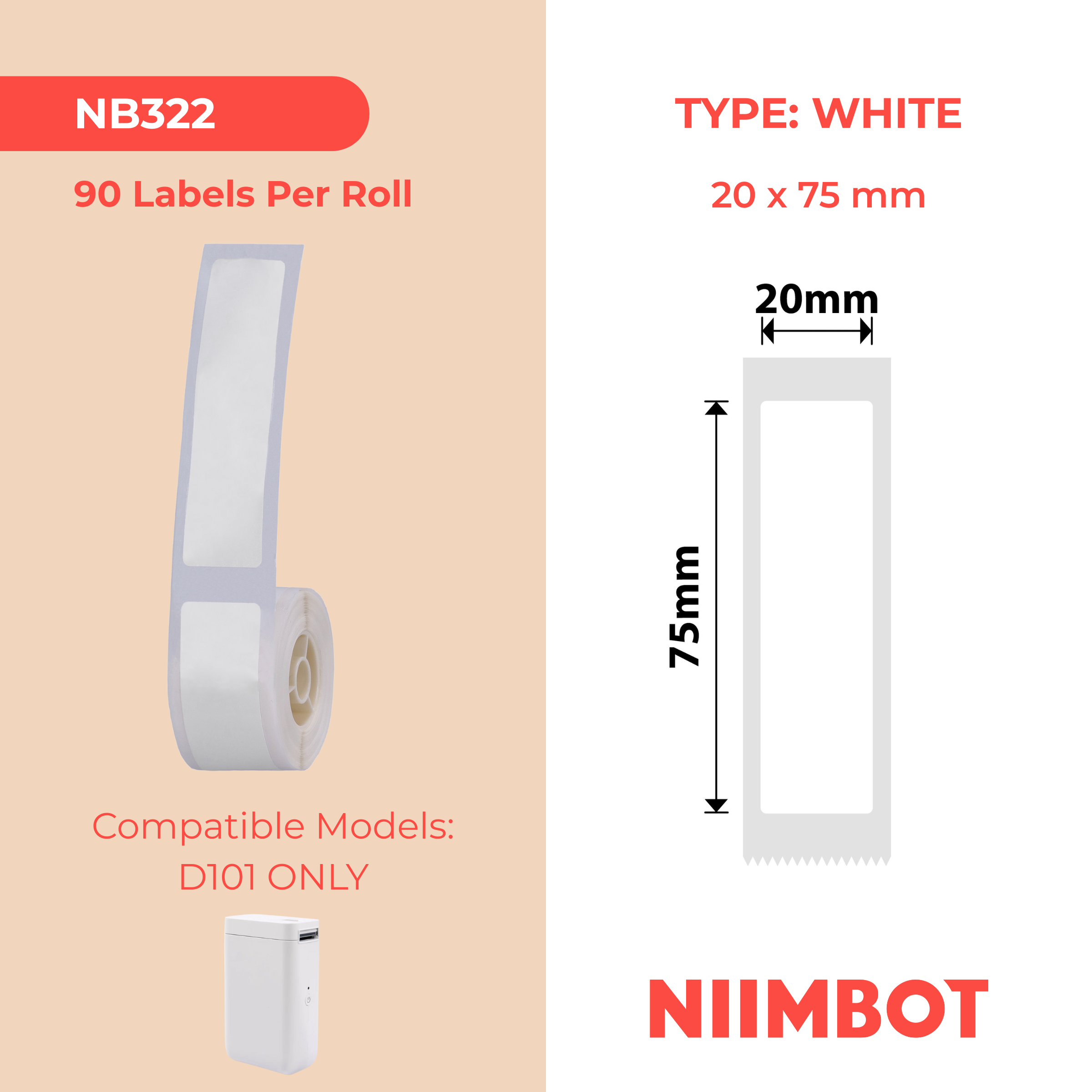 NB322 - Niimbot - D101 Only - 20x75mm - 90 White Labels