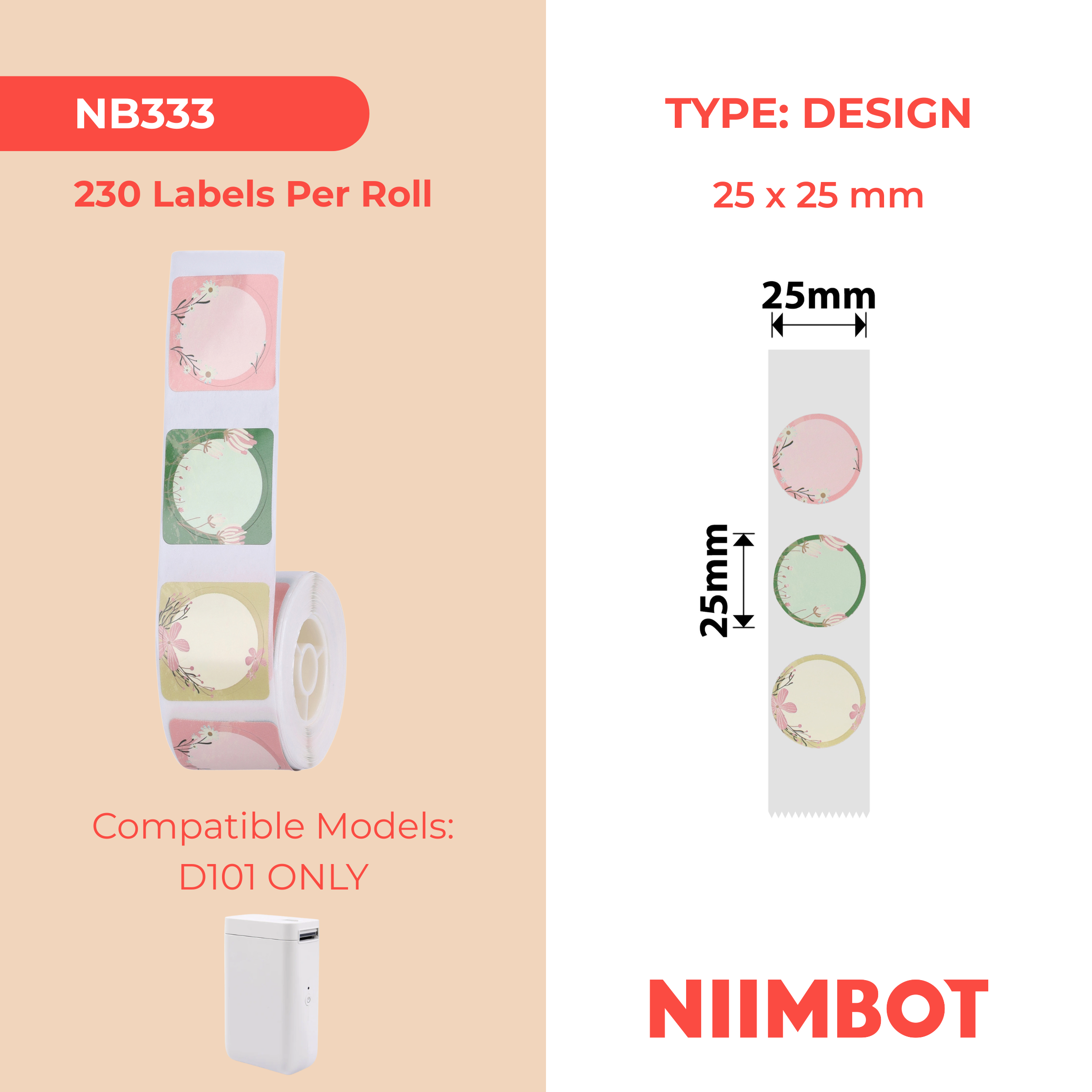 NB333 - NIIMBOT - D101 ONLY - R25X25MM - 230 LABELS PER ROLL - FLOWER DESIGN