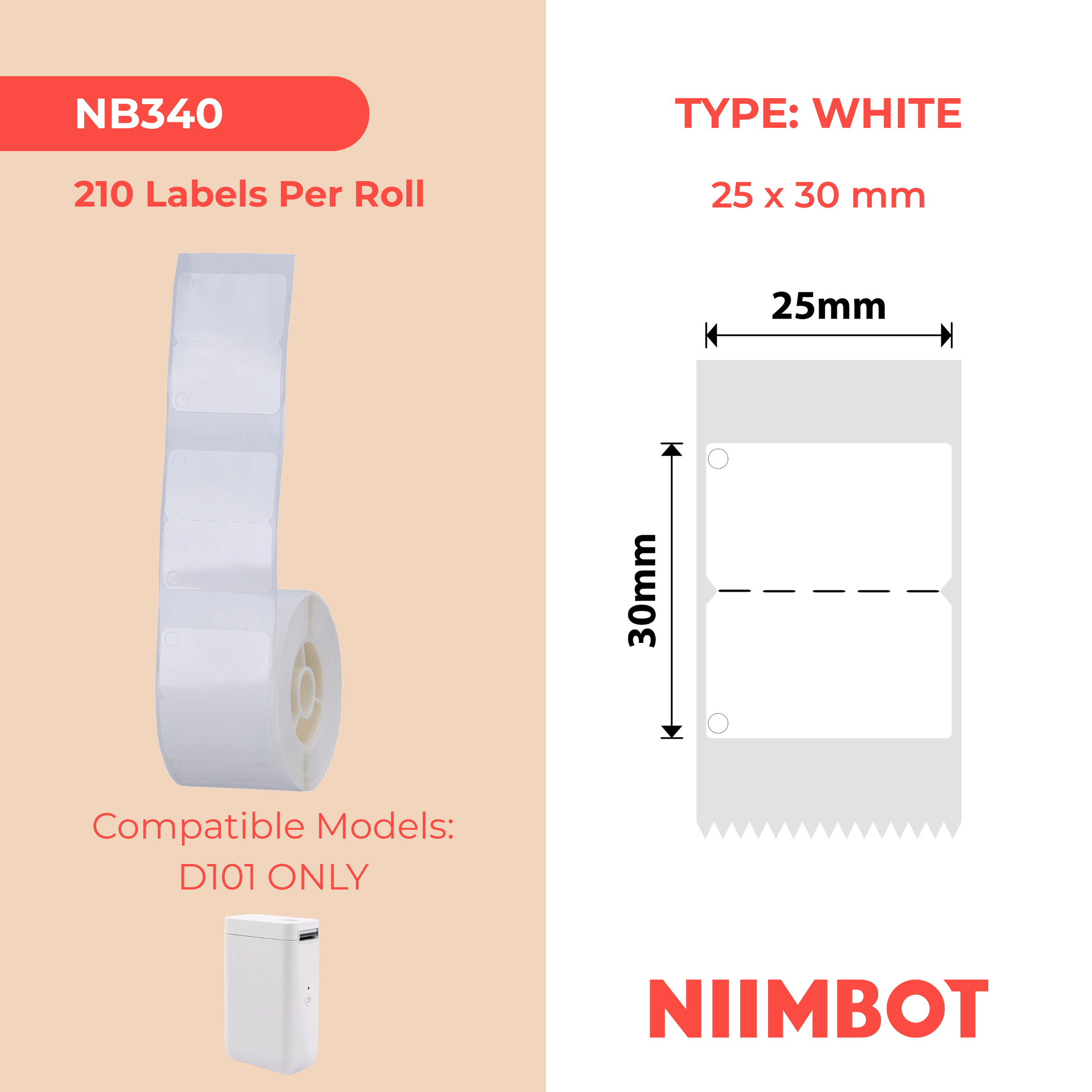 NB340 - Niimbot - D101 Only - 25x30mm - 210 White With Hole Labels