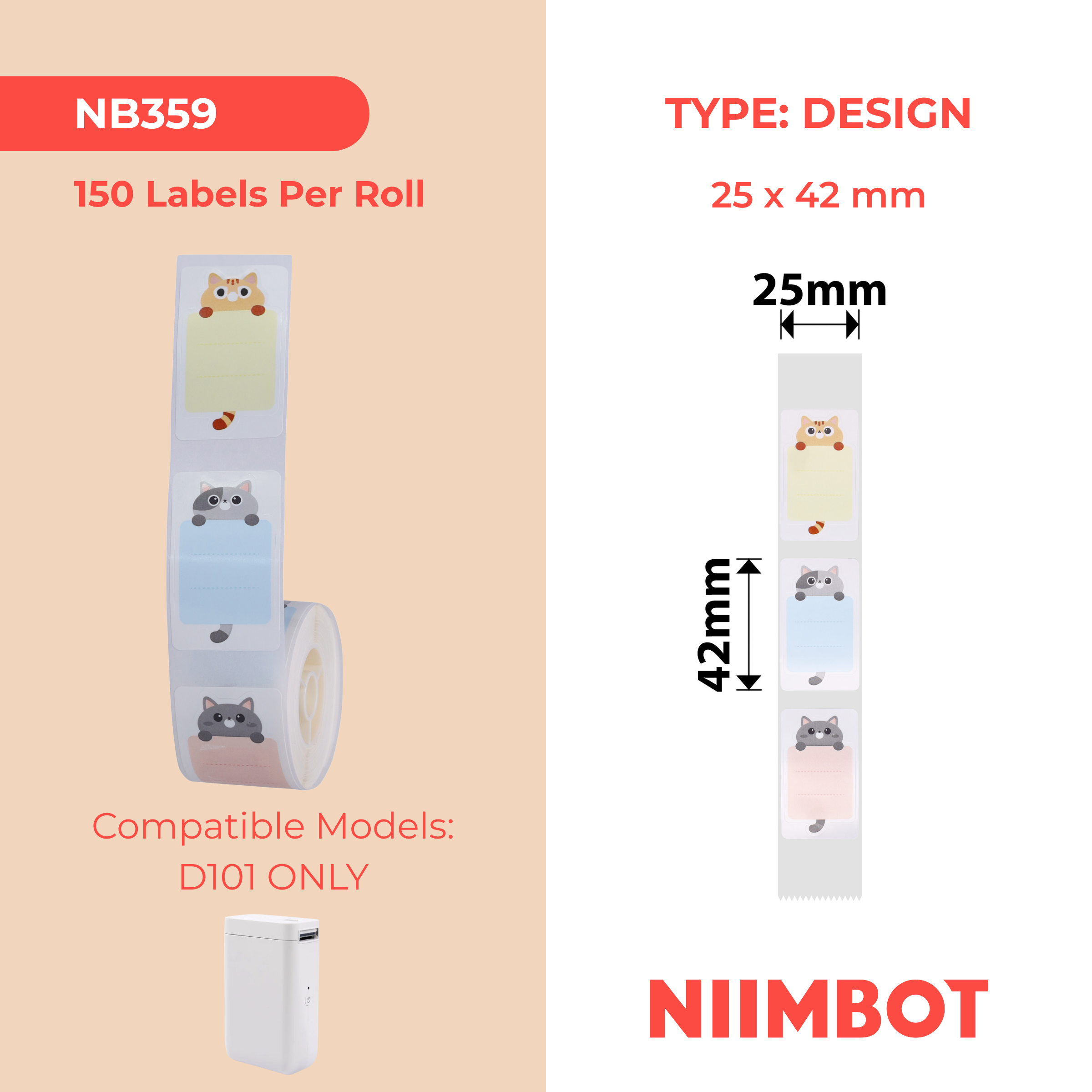 NB359 - NIIMBOT - D101 ONLY - R25X42MM - 150 LABELS PER ROLL - BABY CAT DESIGN