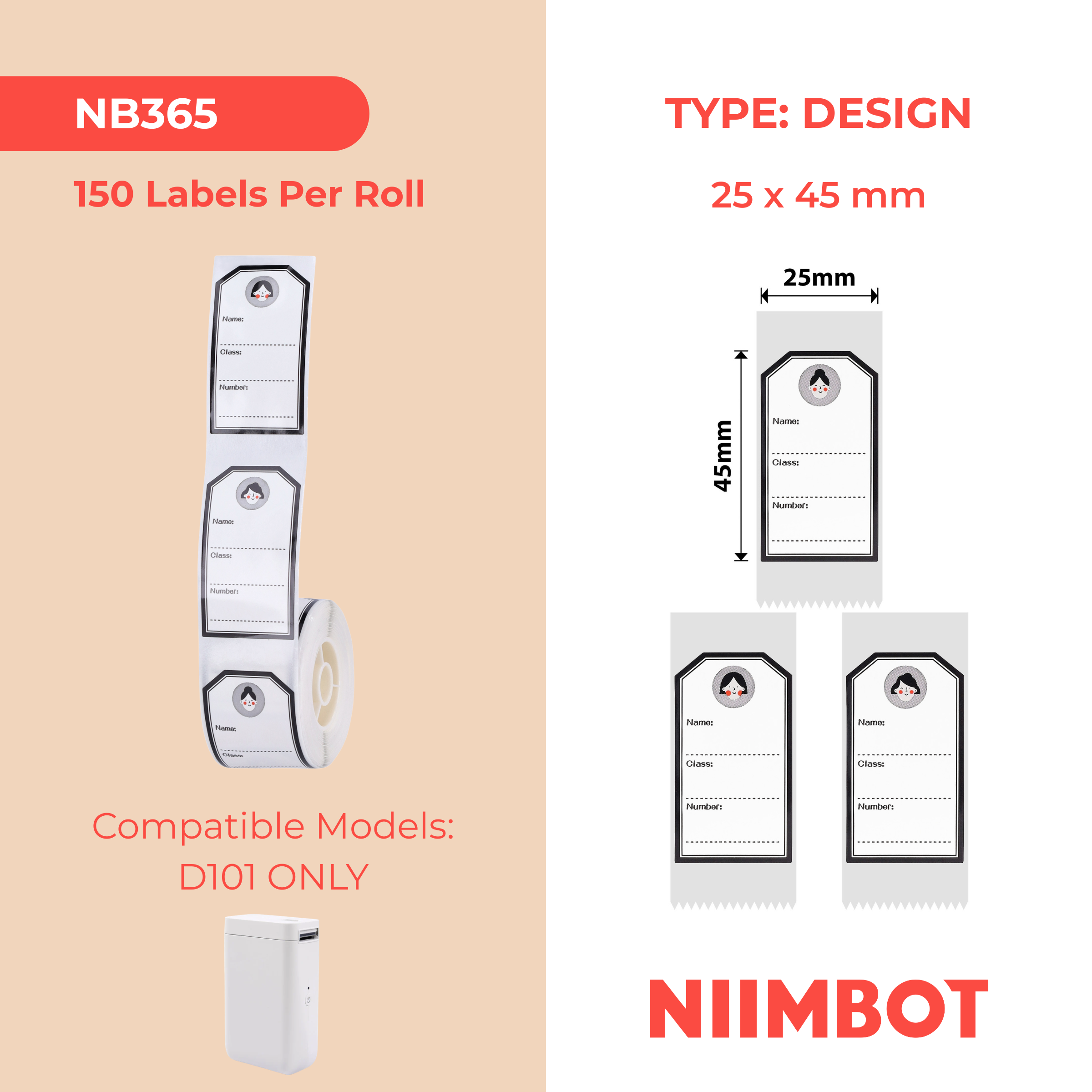 NB365 - Niimbot - D101 Only - 25x45mm - 150 Young Girl Labels