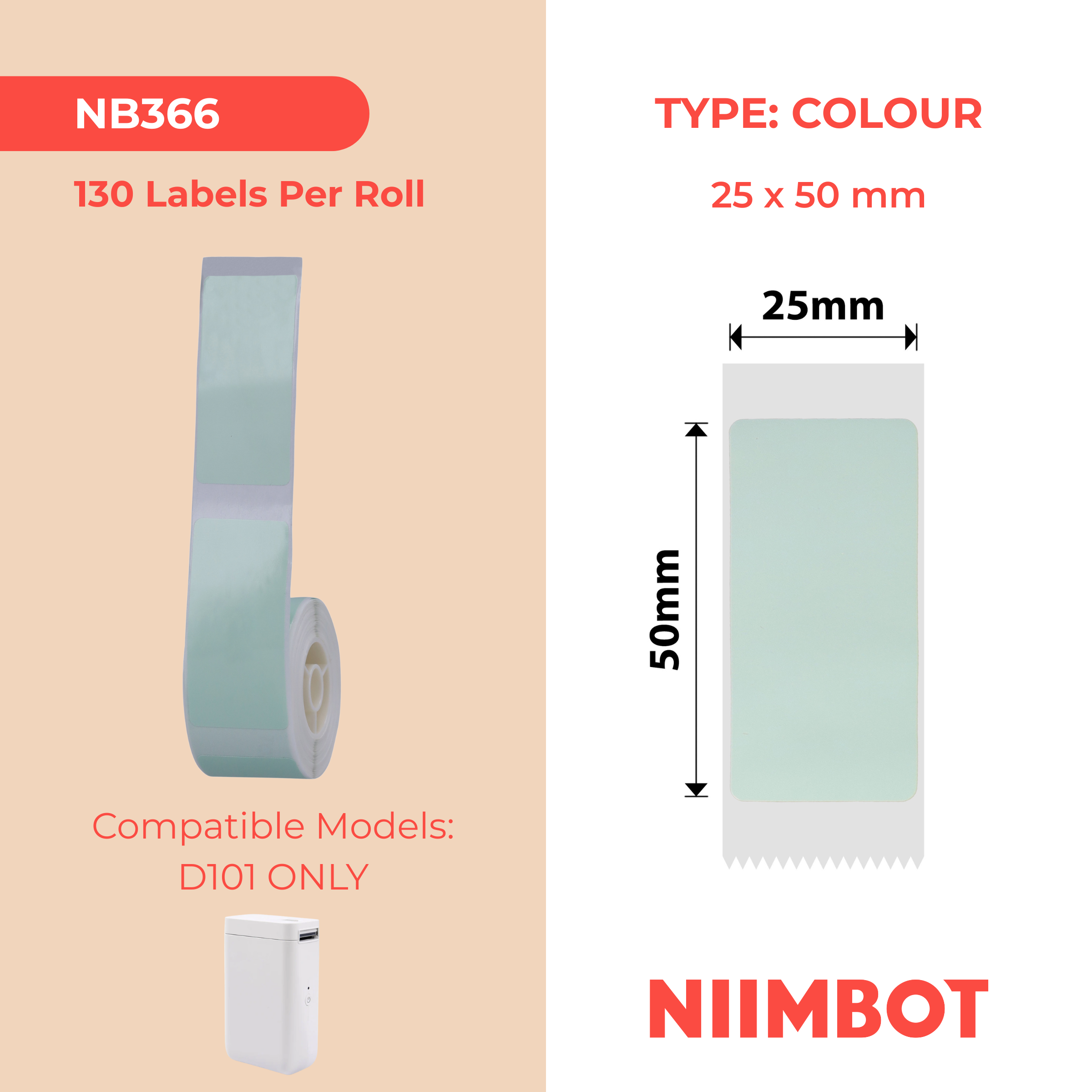 NB366 - Niimbot - D101 Only - 25x50mm - 130 Green Colour Labels