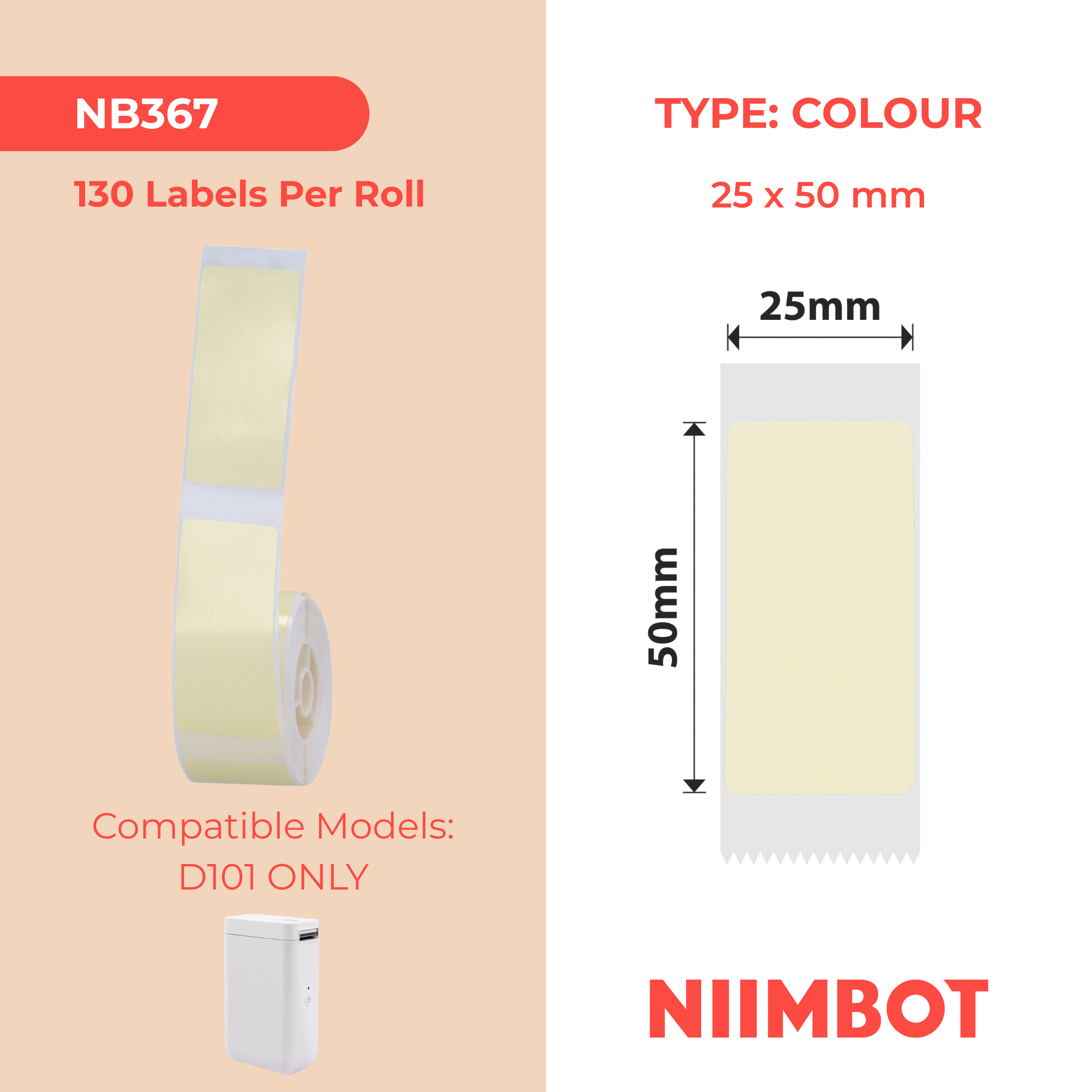 NB367 - Niimbot - D101 Only - 25x50mm - 125 Lemon Yellow Labels - CN