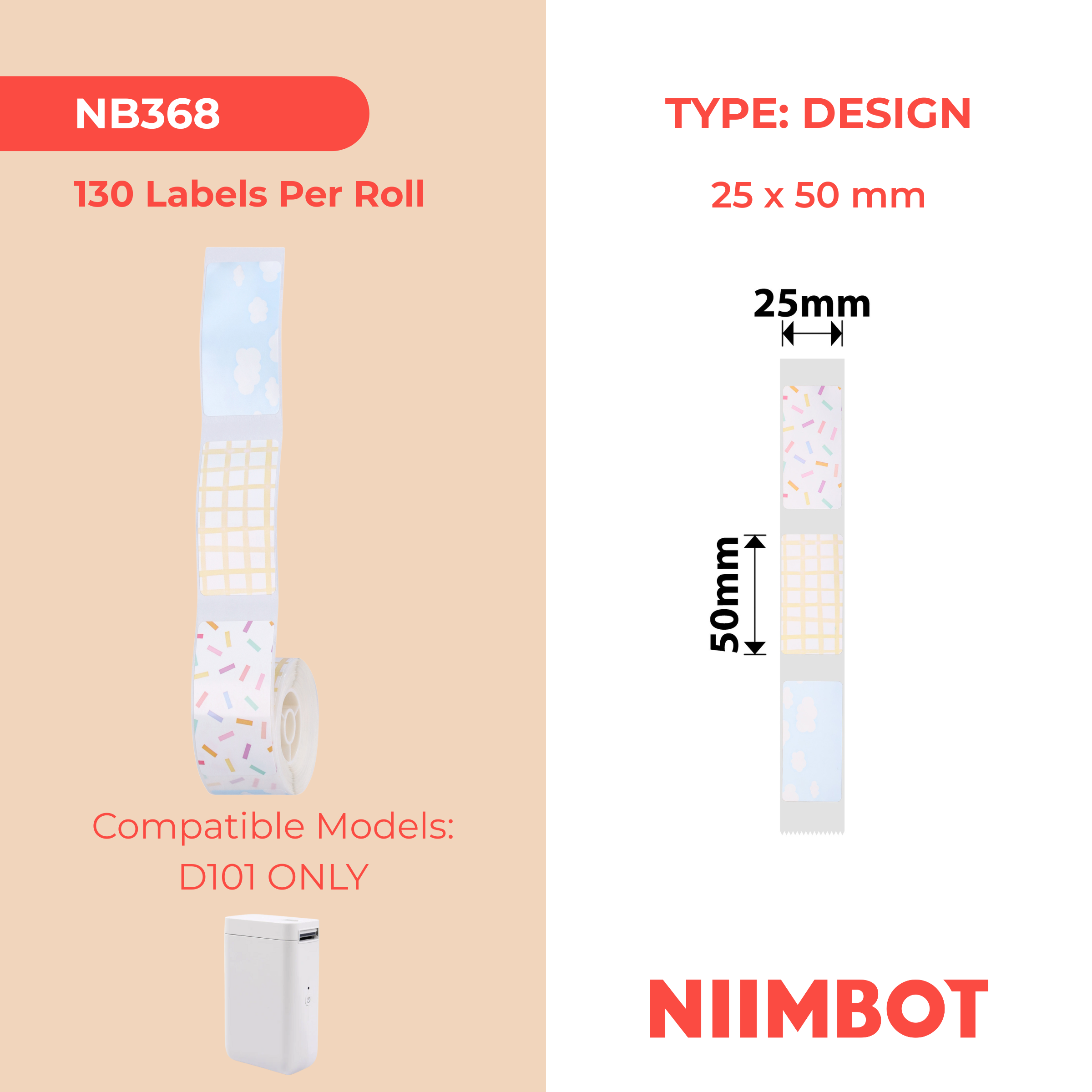 NB368 - NIIMBOT - D101 ONLY - R25X50MM - 130 LABELS PER ROLL- MIXED PATTERN DESIGN