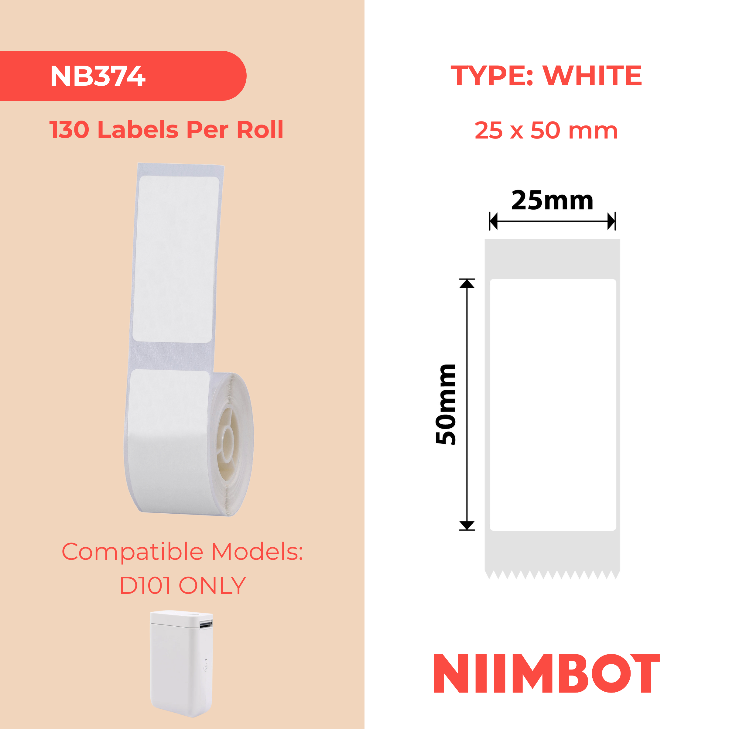 NB374 - Niimbot - D101 Only - 25x50mm - 130 White Labels