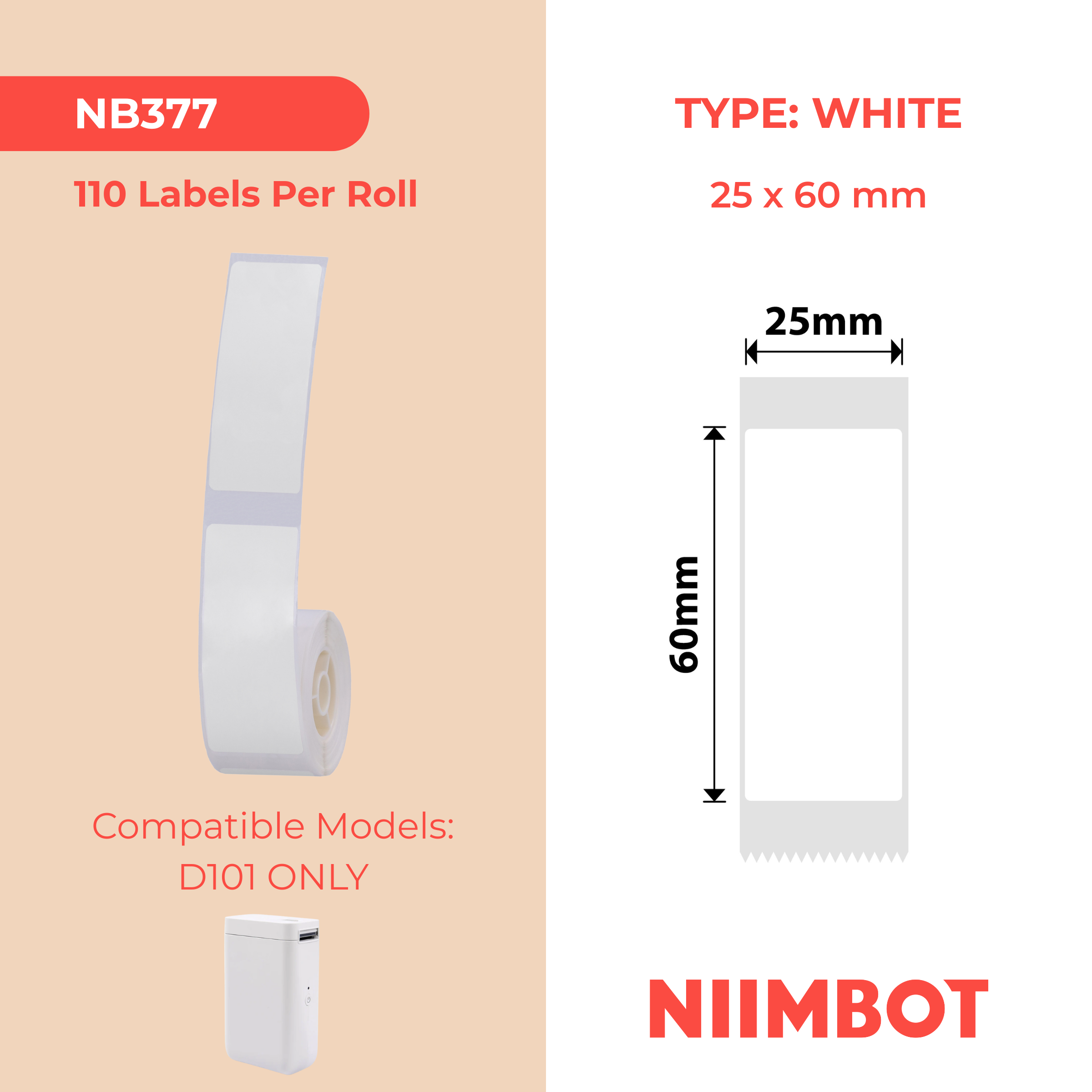 NB377 - Niimbot - D101 Only - 25x60mm - 110 White Labels