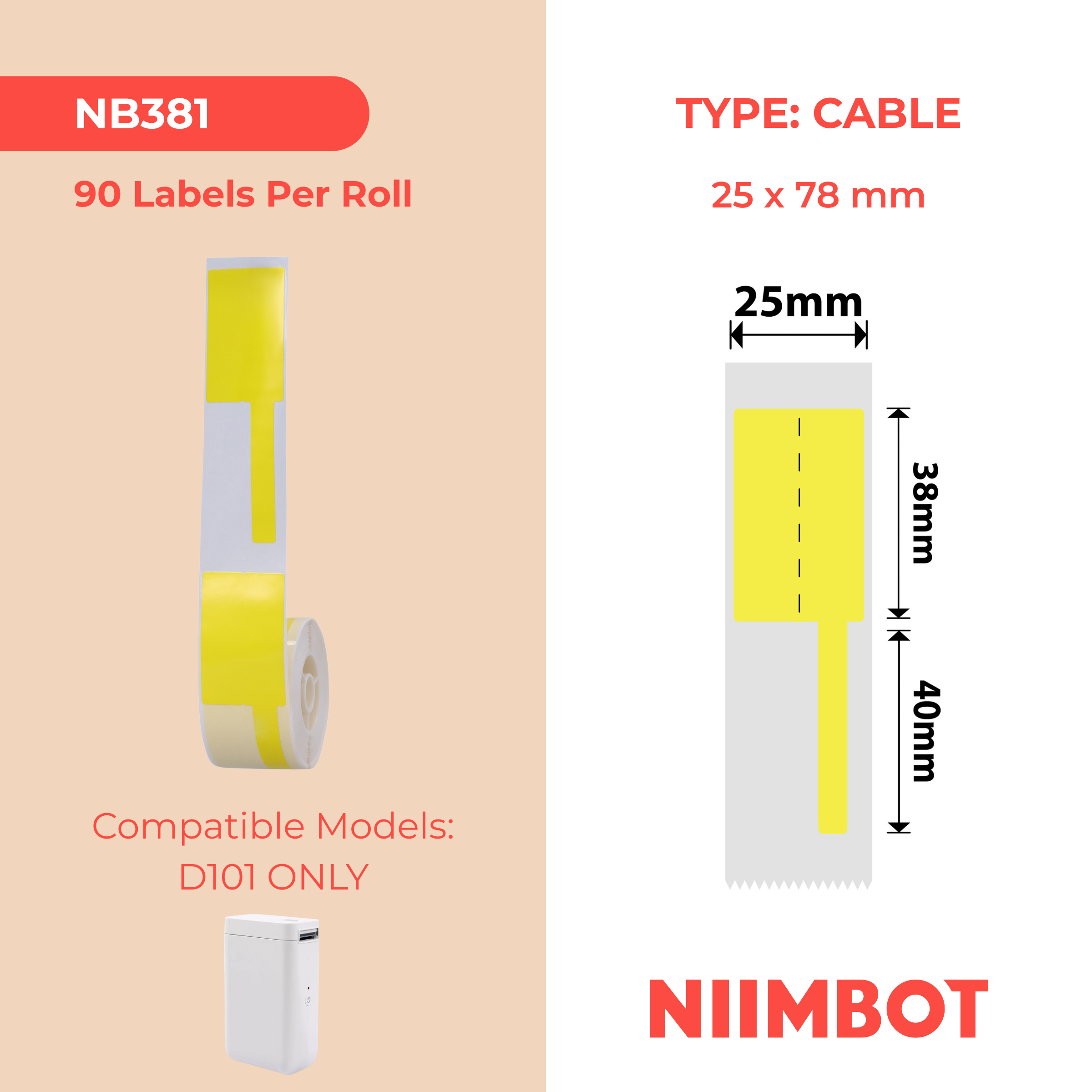 NB381 - Niimbot - D101 Only - 25x78mm - 85 Yellow Cable Labels