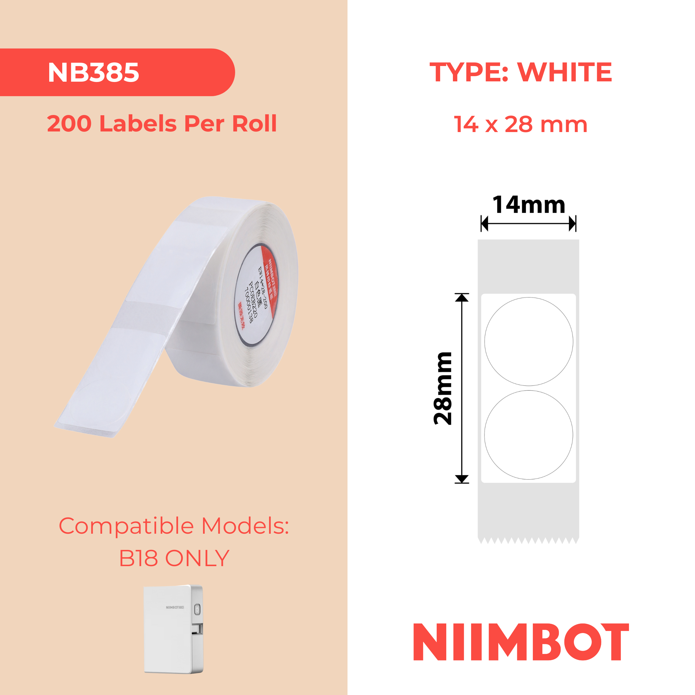 NB385 - NIIMBOT - B18 / N1 - EL14X28mm -200 LABELS PER ROLL - WHITE ROUND DESIGN