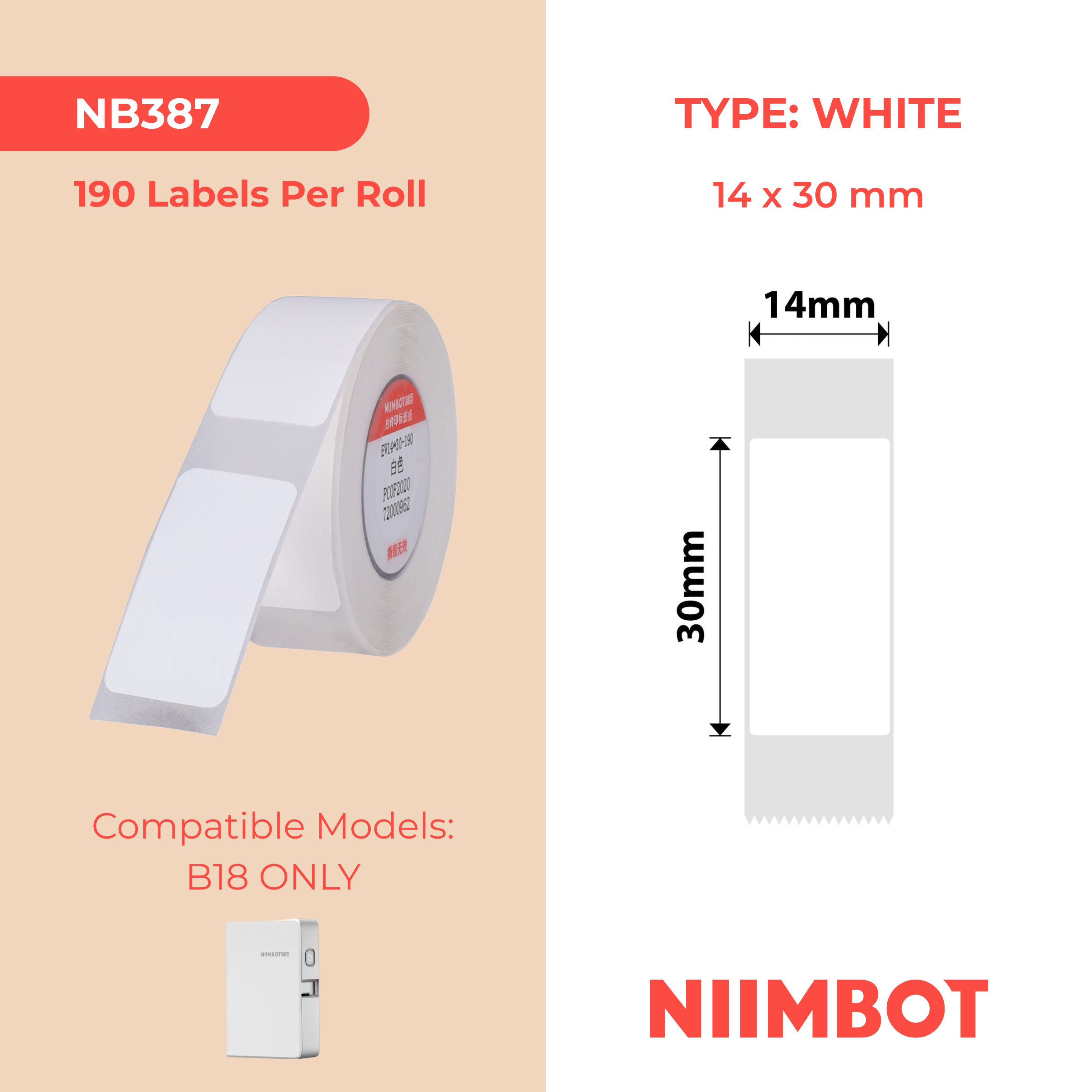 NB387 - NIIMBOT - B18 / N1 - EW14X30mm - 190 LABELS PER ROLL - WHITE
