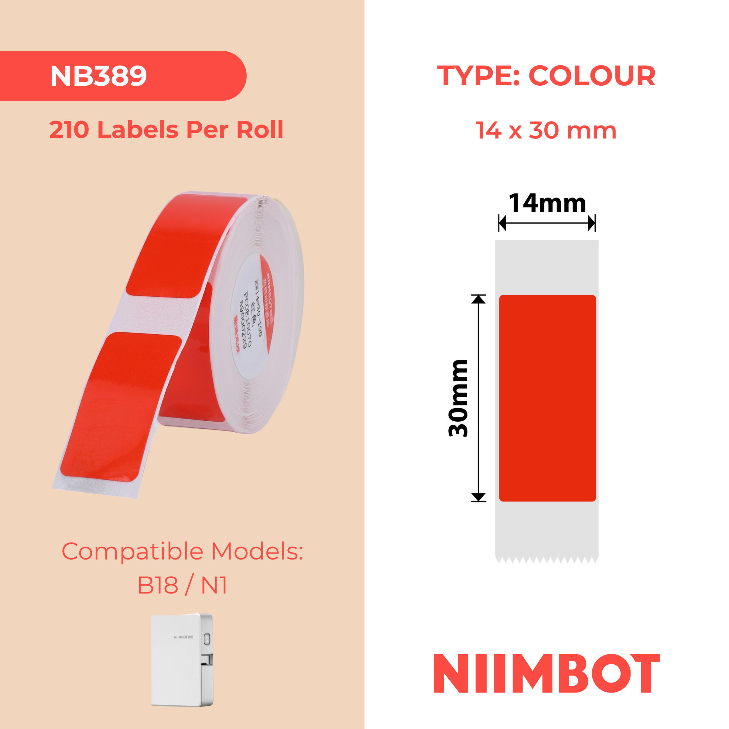 NB389 - Niimbot - N1 - 14x30mm - 190 Red Labels