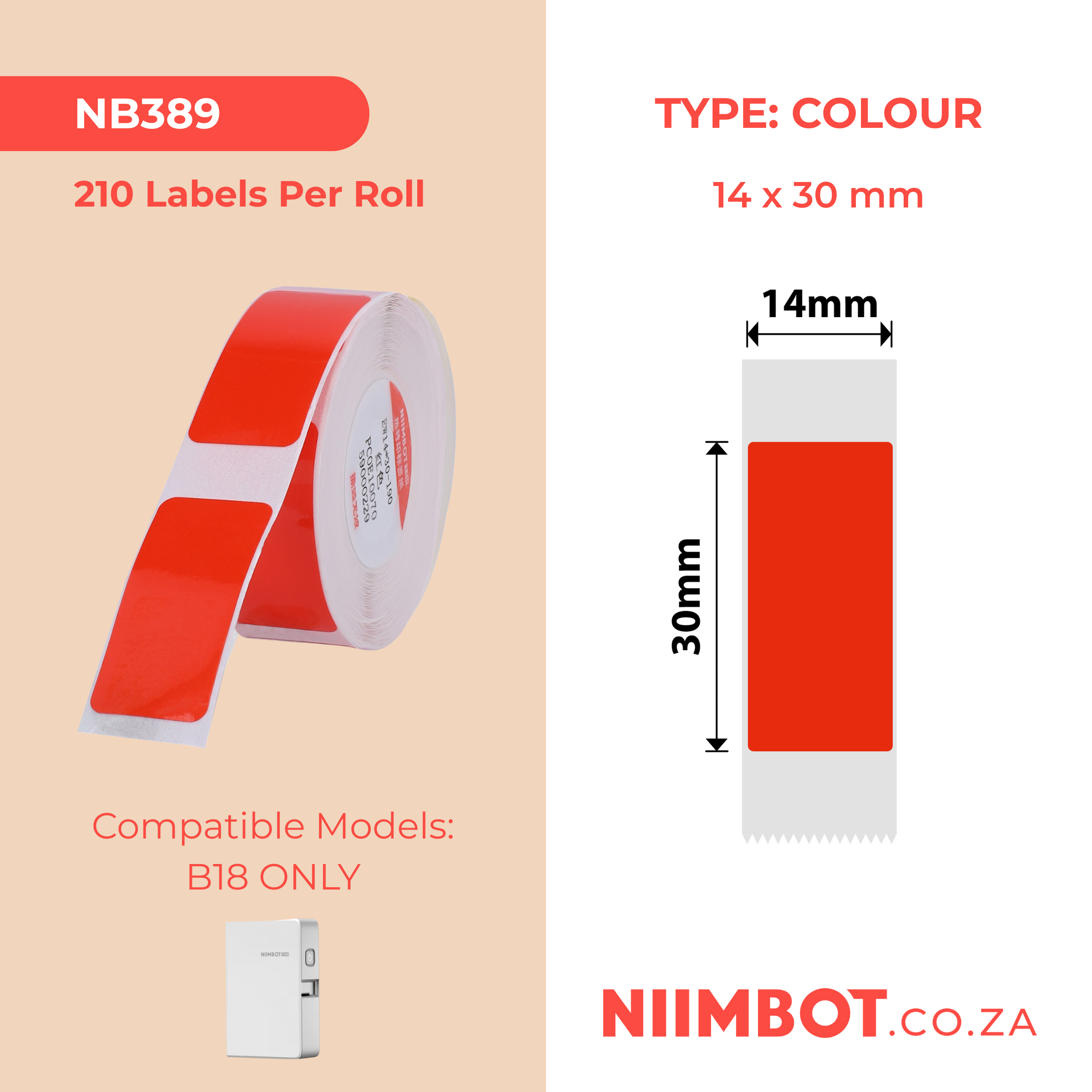 NB389 - NIIMBOT - B18 / N1 - EW14X30mm - 190 LABELS PER ROLL - RED