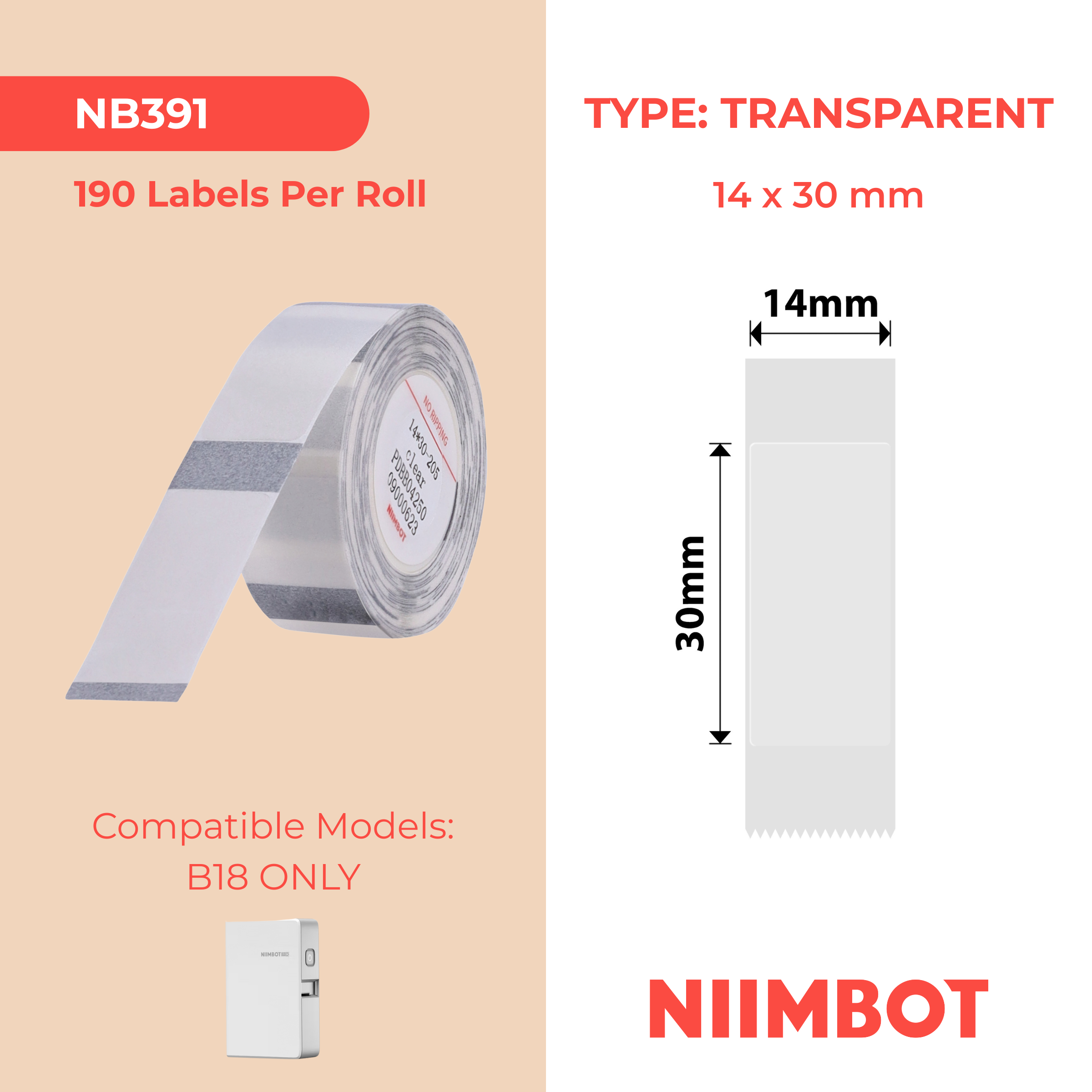 NB391 - NIIMBOT - B18 / N1 - ET14X30MM - 190 LABELS PER ROLL - TRANSPARENT
