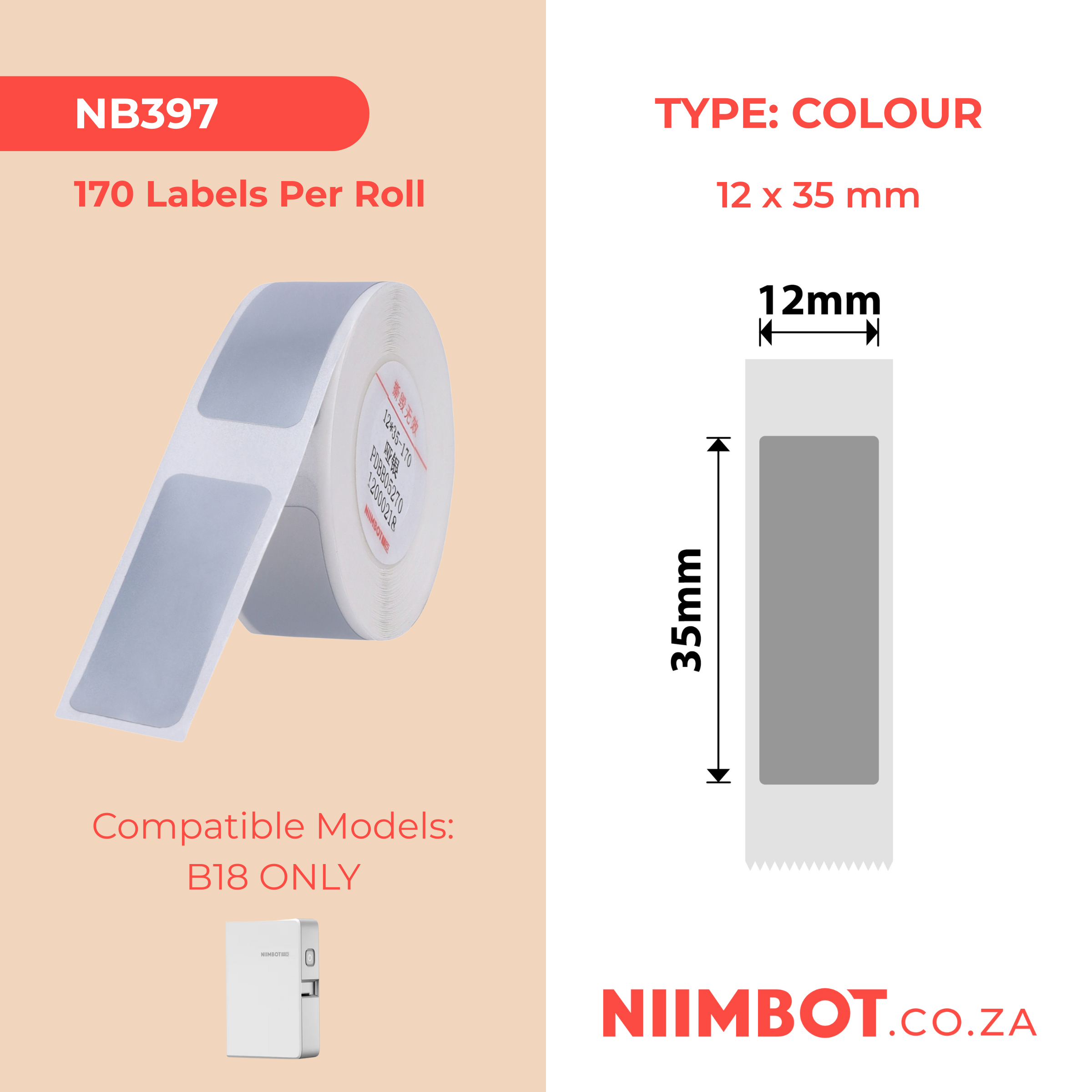NB397 - NIIMBOT - B18 / N1 - ES 12X35mm -170 LABELS PER ROLL - SILVER