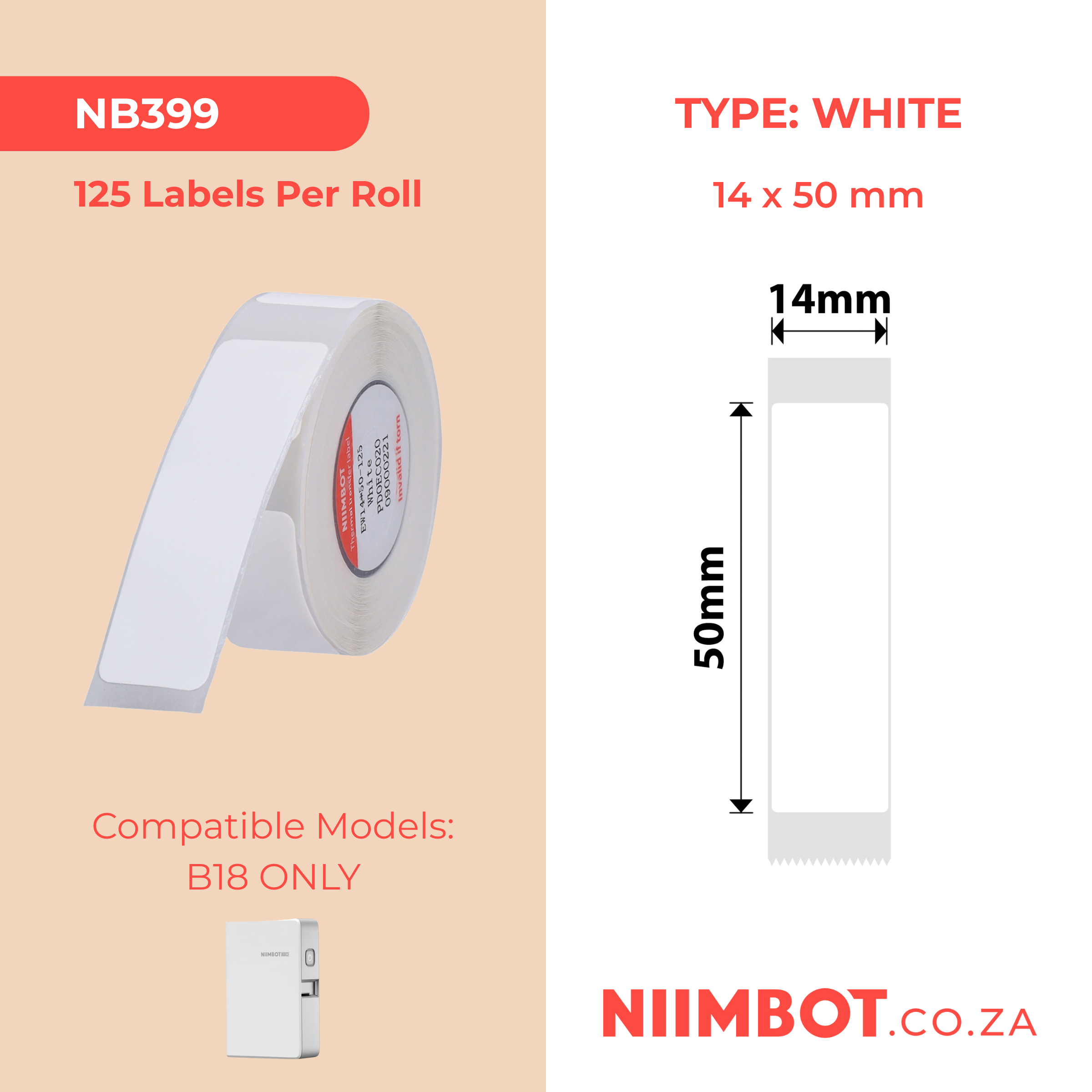 NB399 - NIIMBOT - B18 / N1 - 14X50MM - 125 LABELS PER ROLL - WHITE DESIGN