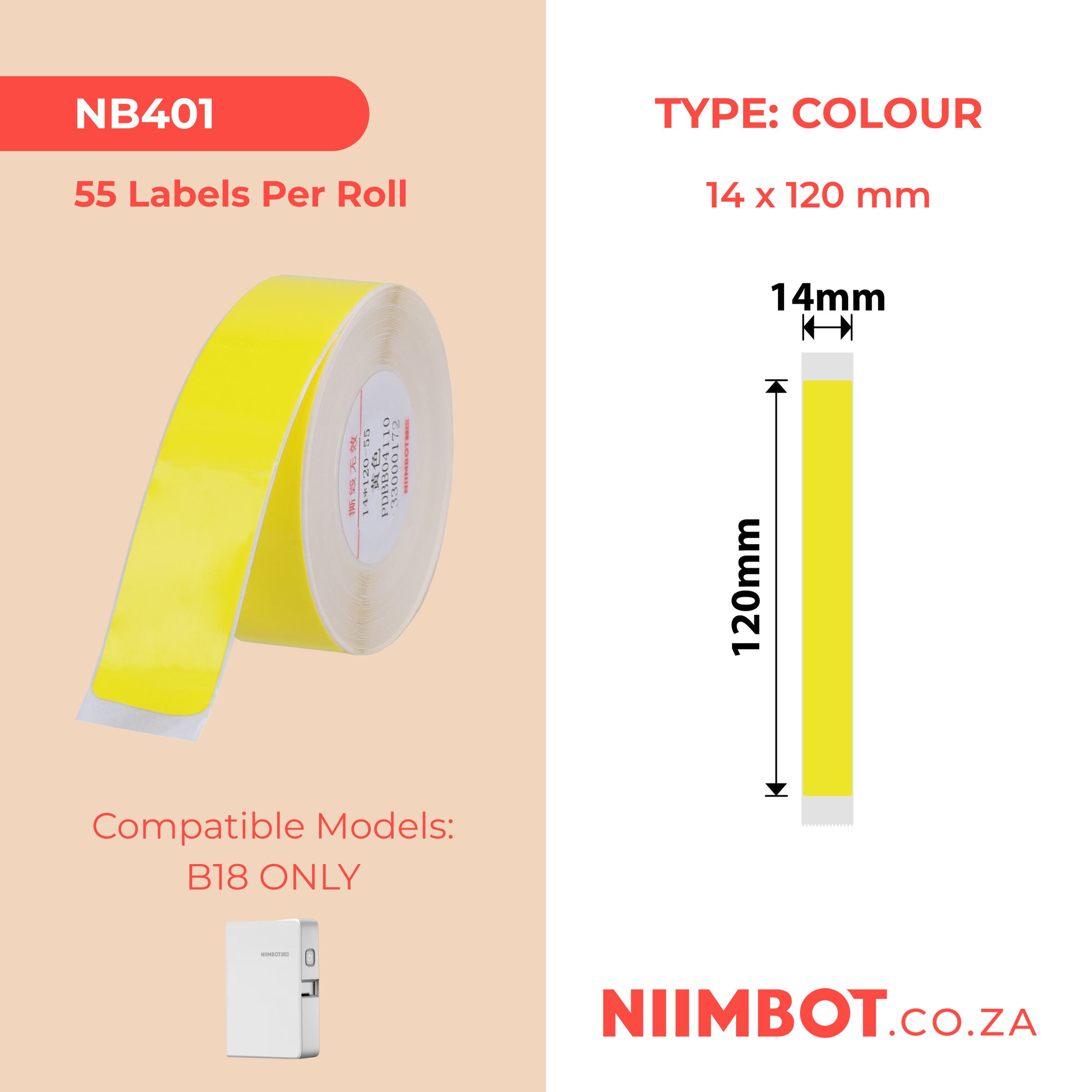 NB401 - NIIMBOT - B18 / N1 - EW14X120mm - 55 LABELS PER ROLL - YELLOW