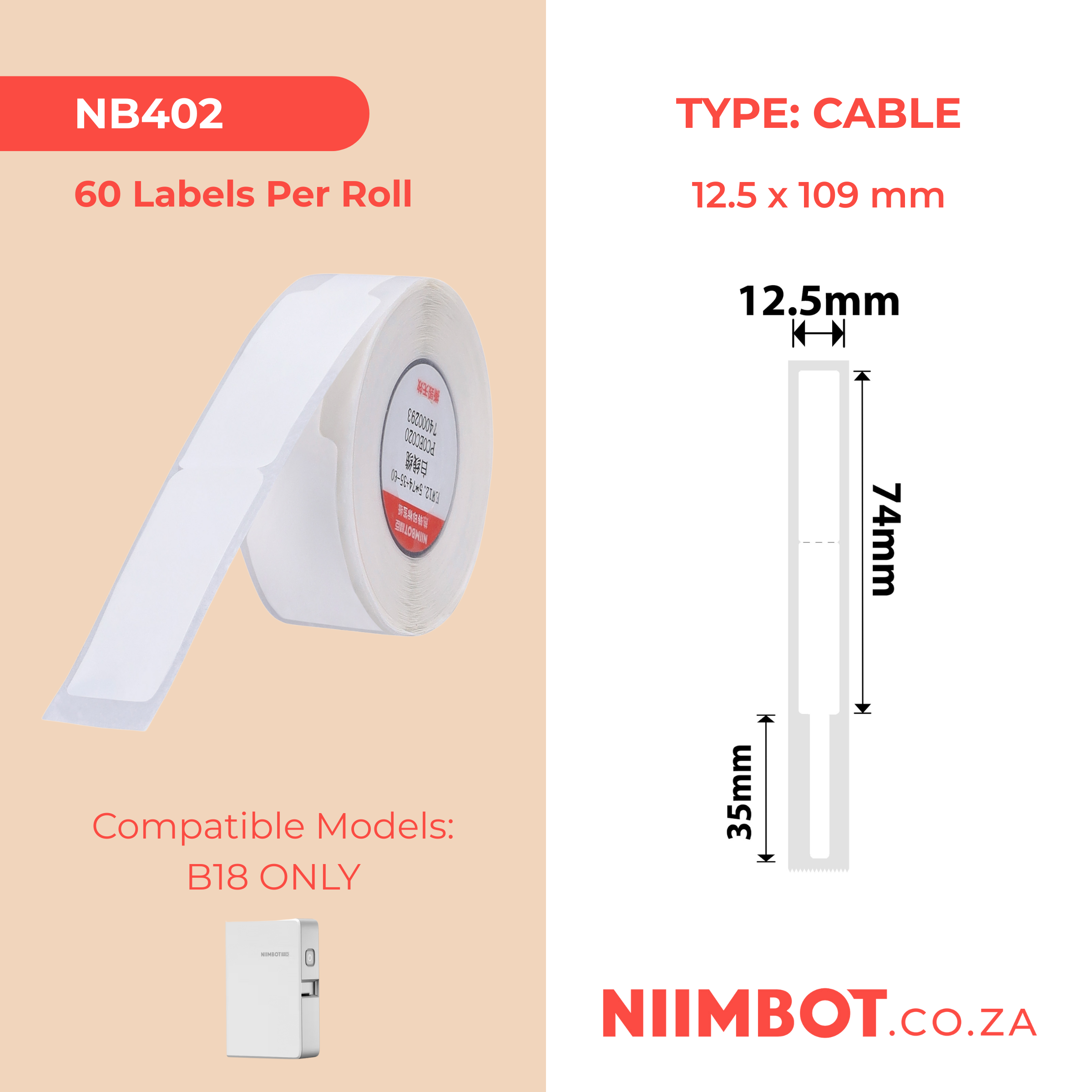 NB402 - NIIMBOT - B18 / N1 - EW12.5X109mm - 60 LABELS PER ROLL - WHITE - CABLE