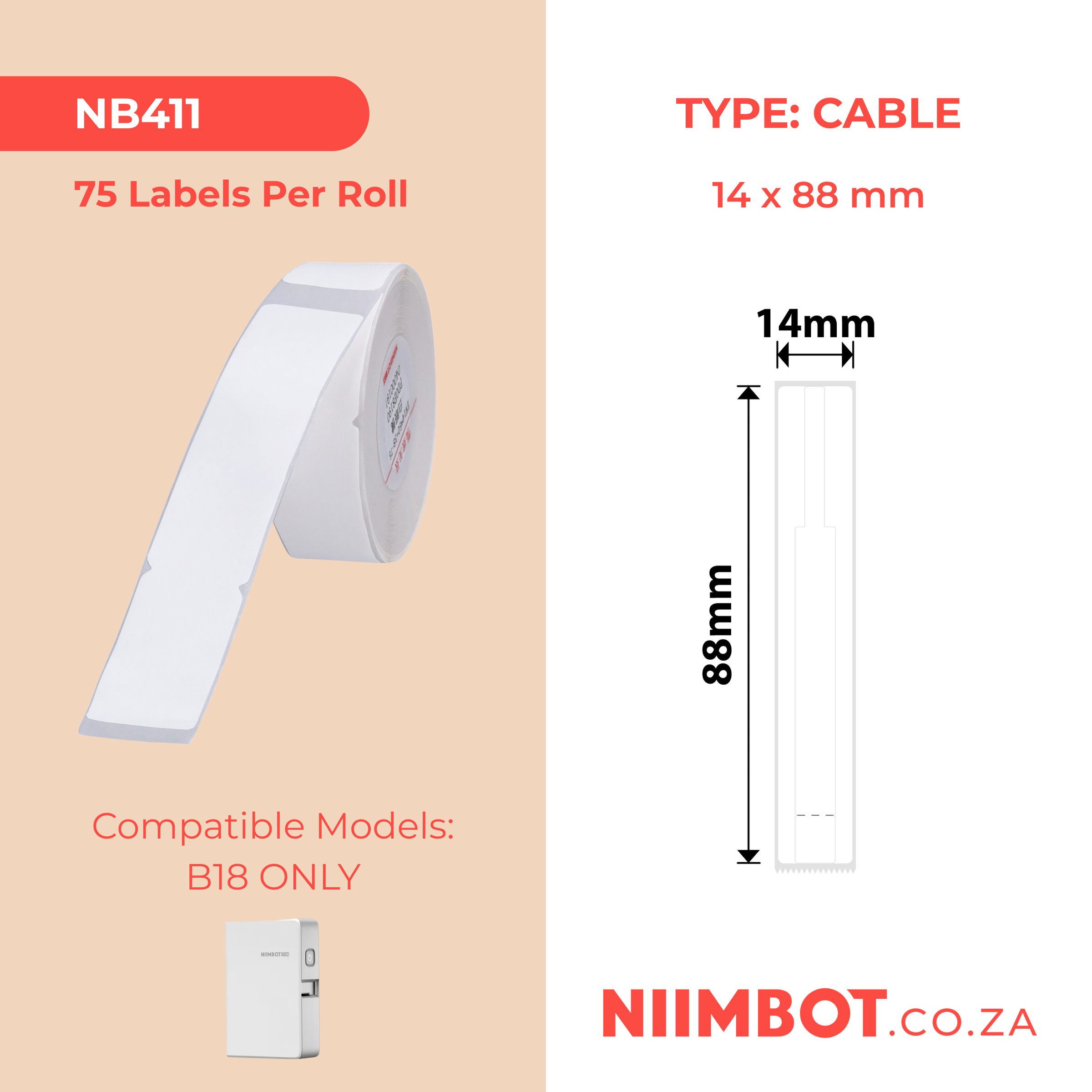 NB411 - NIIMBOT - B18 / N1 - EL14X88mm - 75 LABELS PER ROLL - WHITE