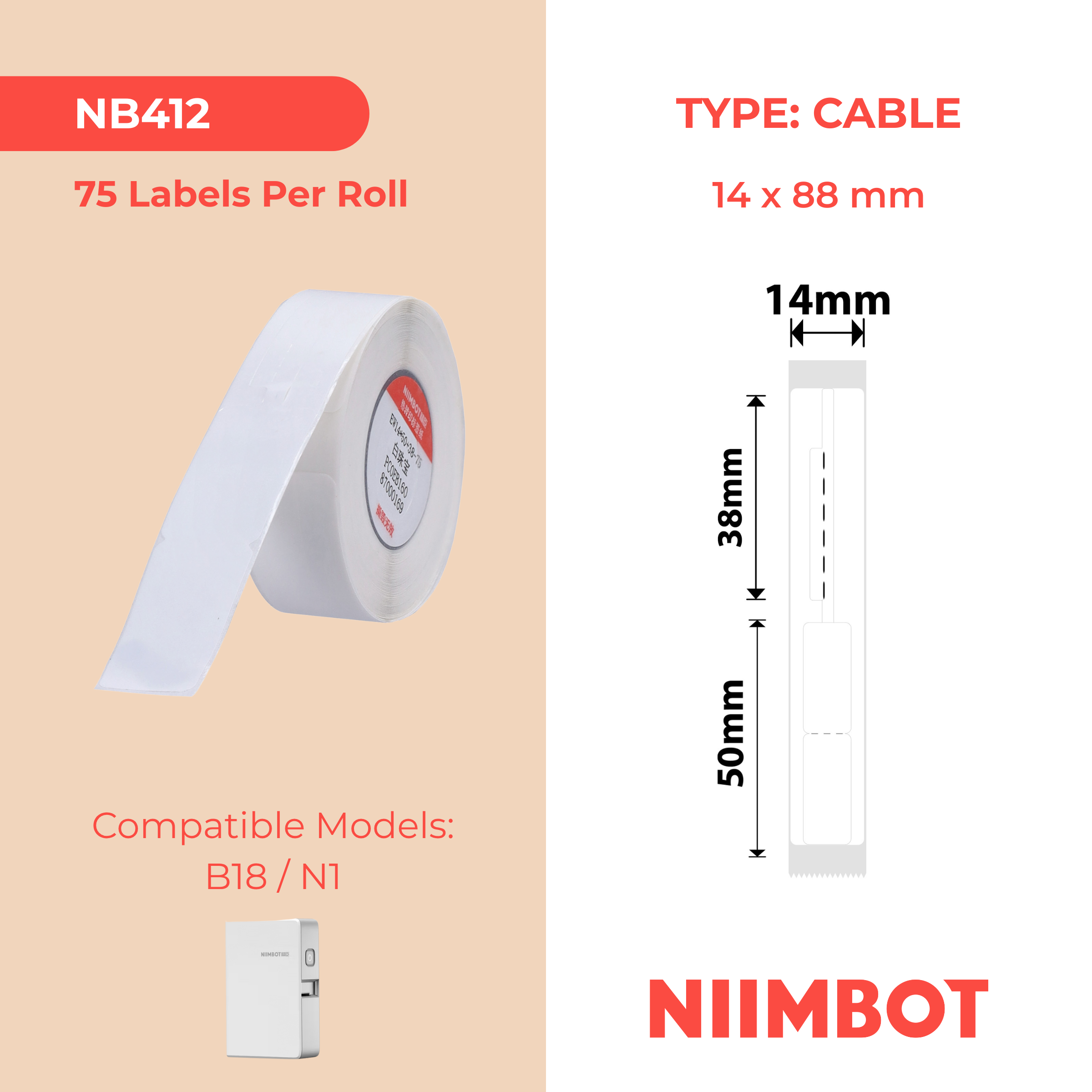 NB412 - Niimbot - N1 - 14x88mm - 75 White Jewellery Labels